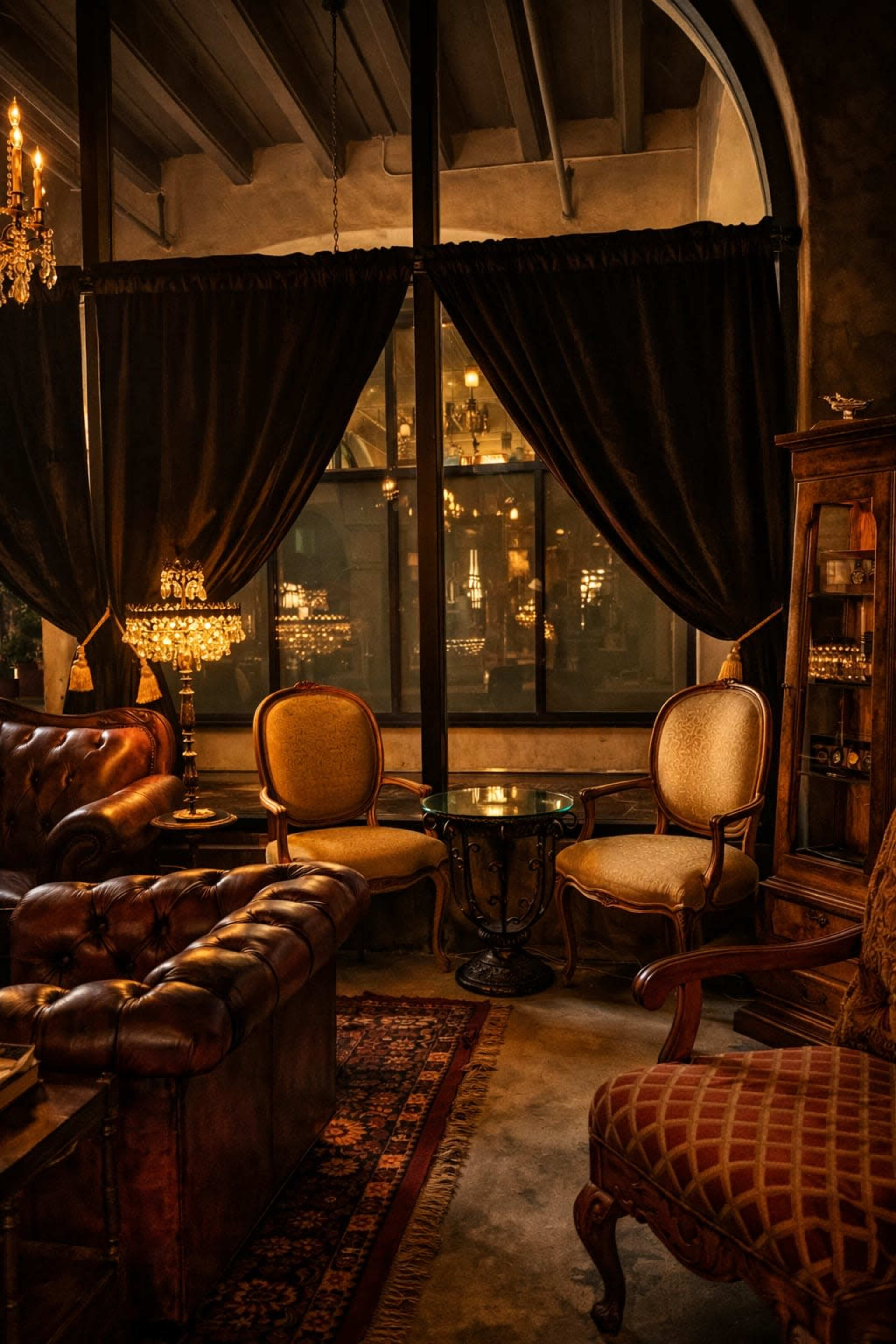 The image shows a warmly lit, elegant seating area featuring a dark leather sofa, vintage armchairs, and a small glass table, all framed by heavy drapes and illuminated by decorative chandeliers.