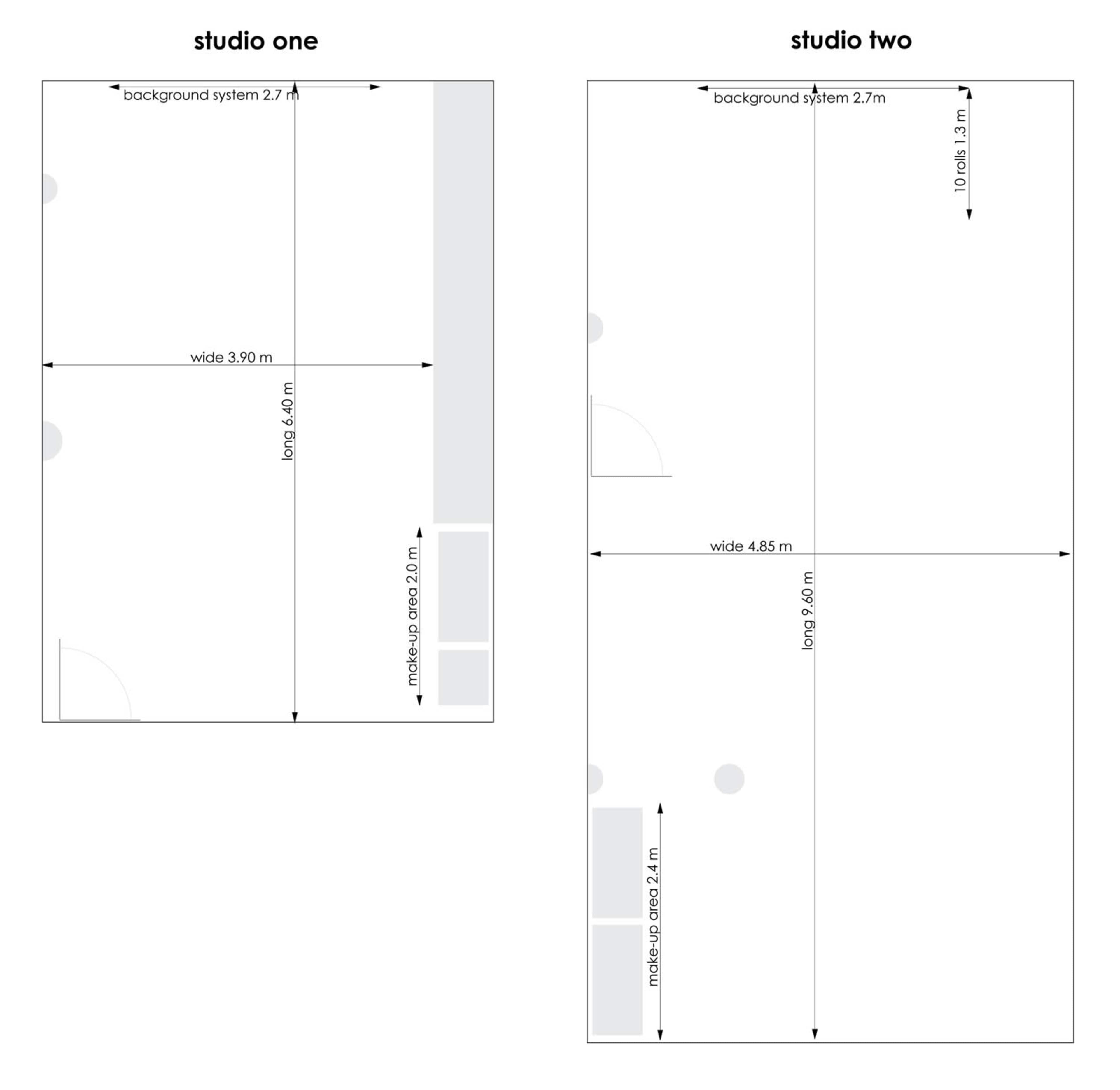 The image displays two floor plans for studios, labeled "studio one" and "studio two," with dimensions and details for each layout.
