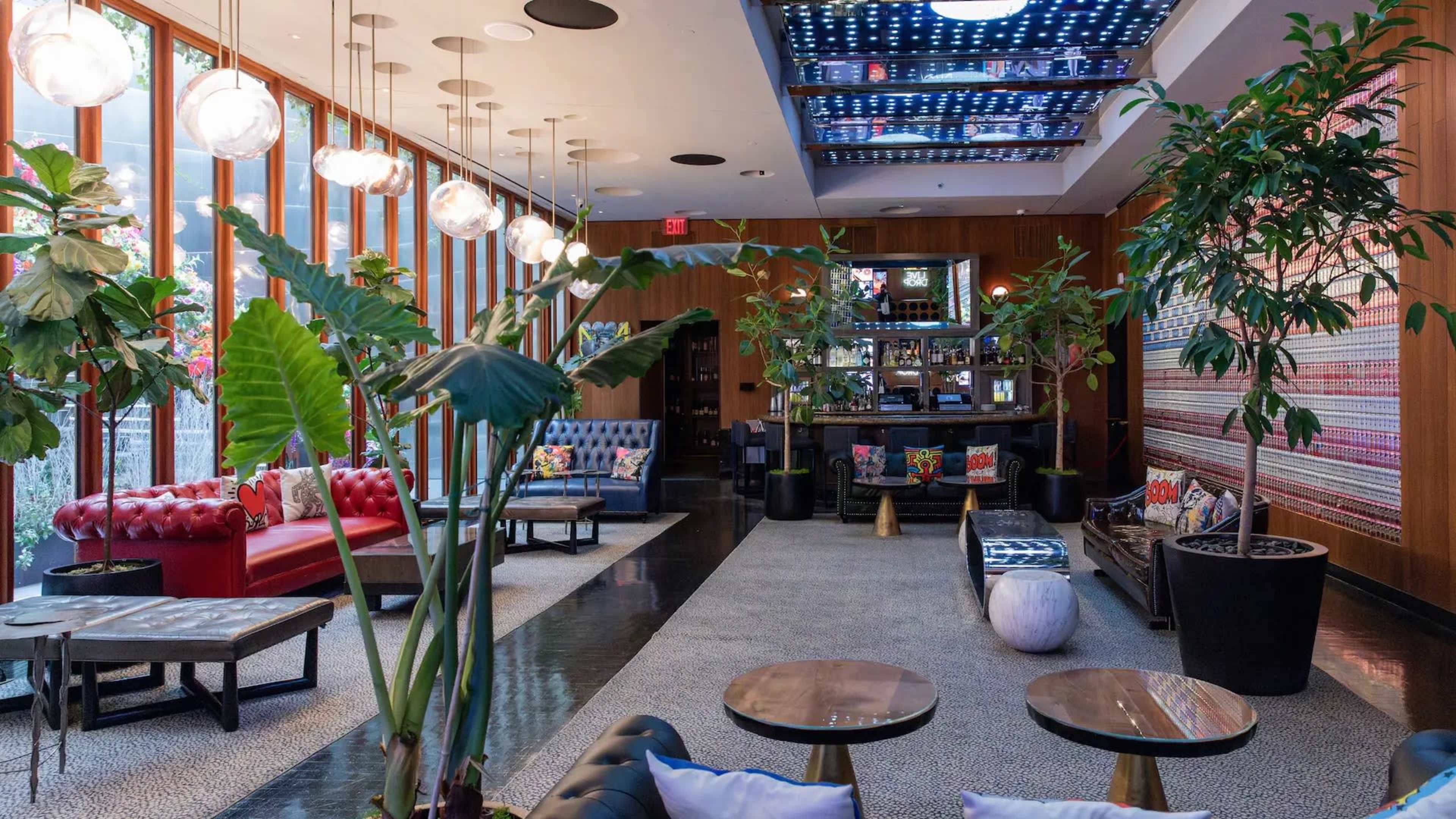 The image shows a stylish lounge area with colorful sofas, low tables, large plants, and a bar in the background.