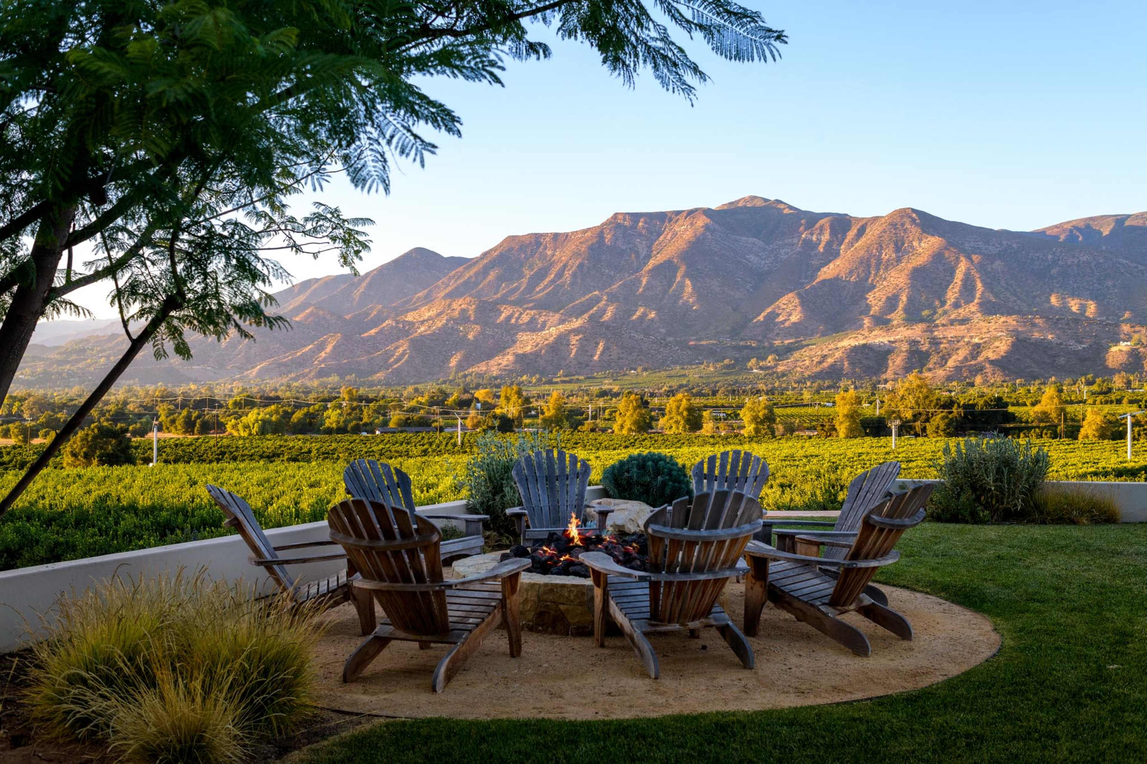 A circle of wooden chairs surrounds a fire pit, with mountains and vineyards in the background under a clear sky.