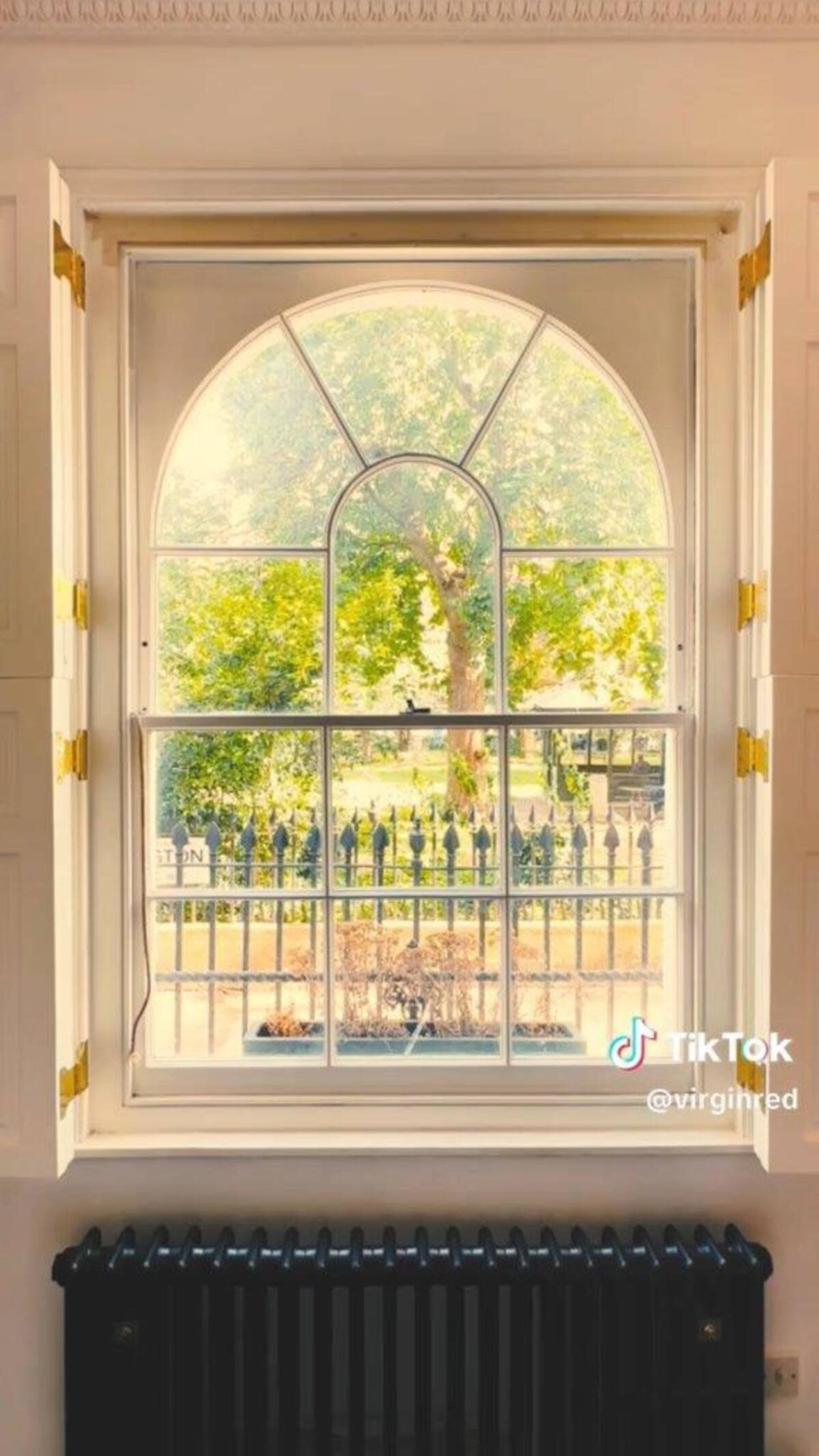A large arched window frames a view of a tree and a fence outside.