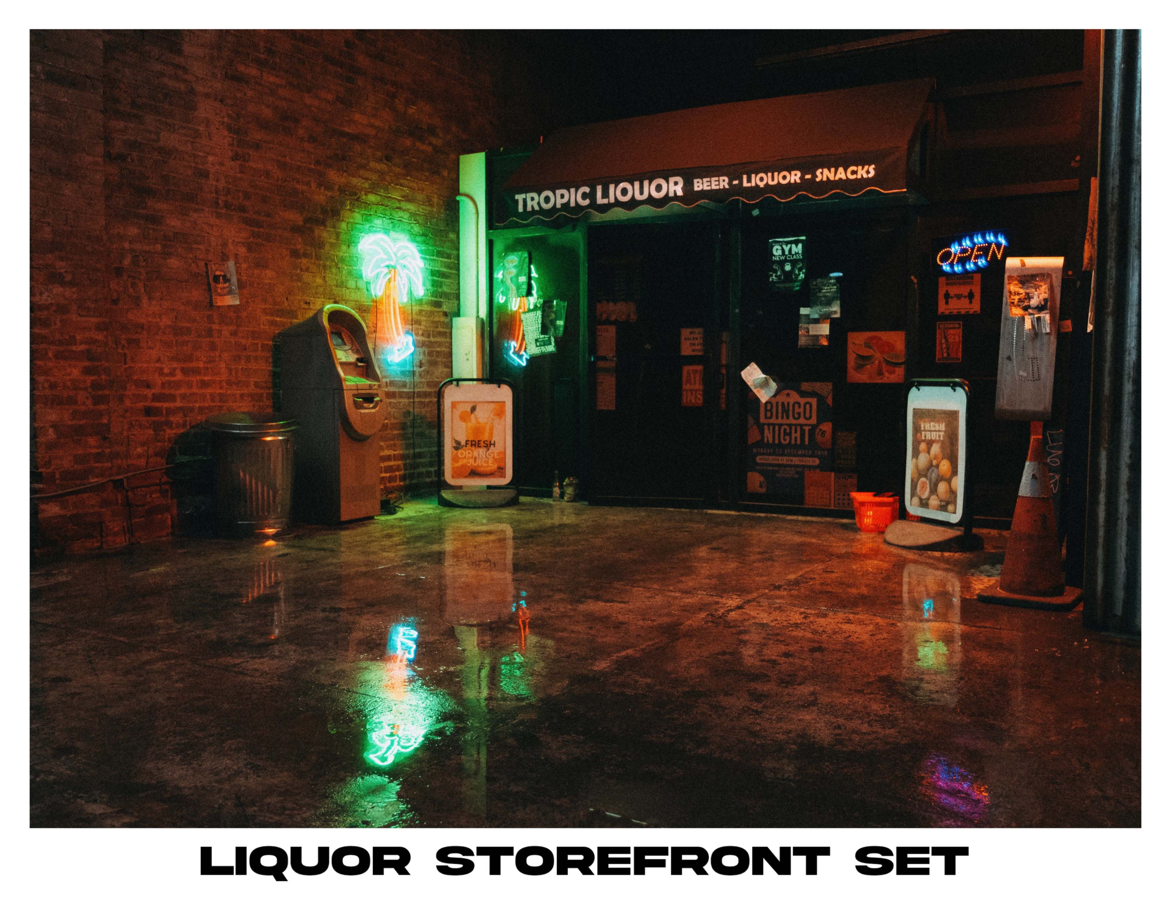 A liquor store front features neon signs and an ATM under dim lighting with reflective pavement, surrounded by brick walls.
