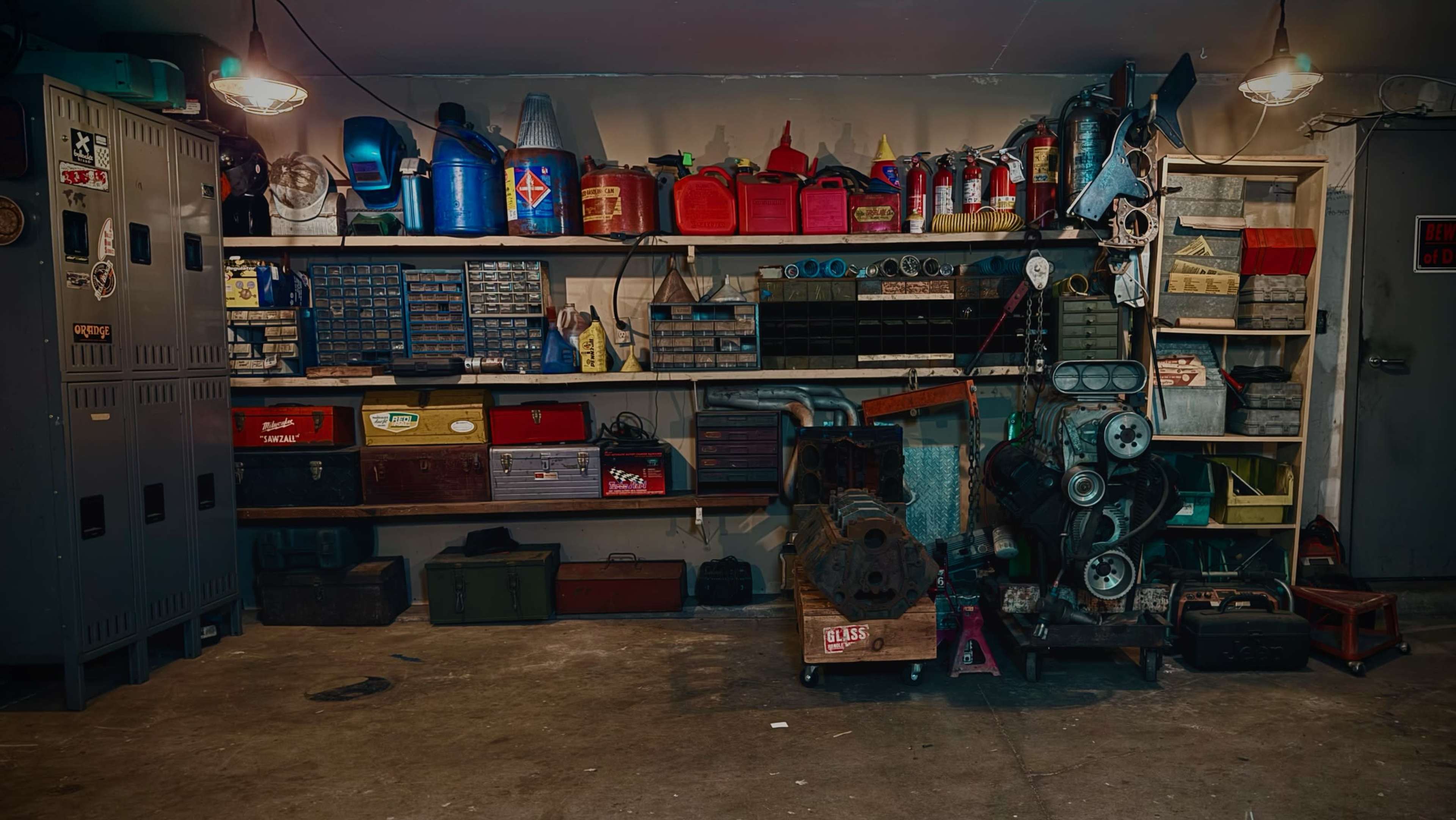 A garage scene features shelves filled with various colored fuel cans and storage boxes, alongside a vintage engine and tools scattered throughout the concrete floor.