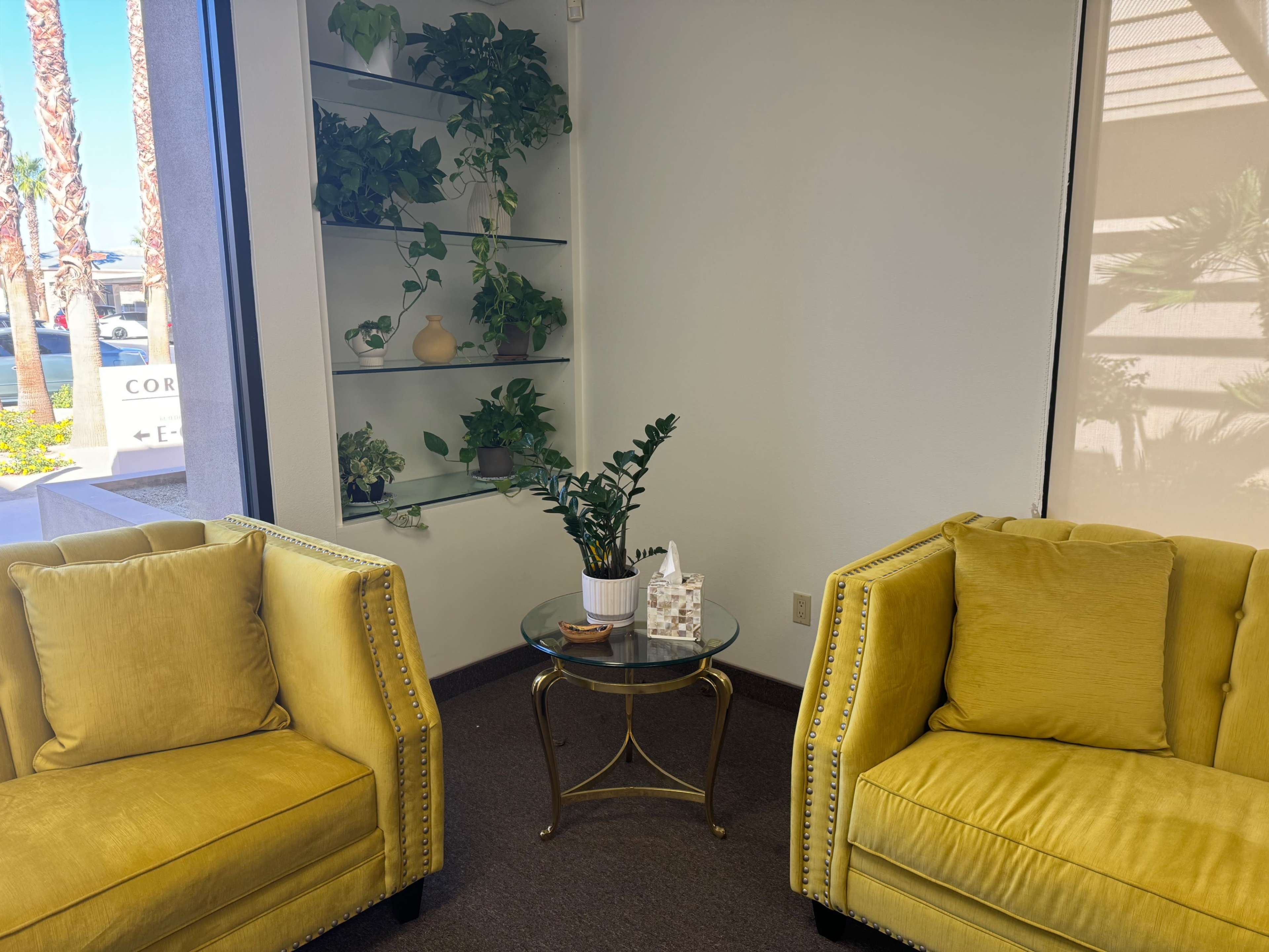 The image shows a bright interior featuring two yellow armchairs, a glass coffee table, and a wall-mounted shelf with various potted plants.