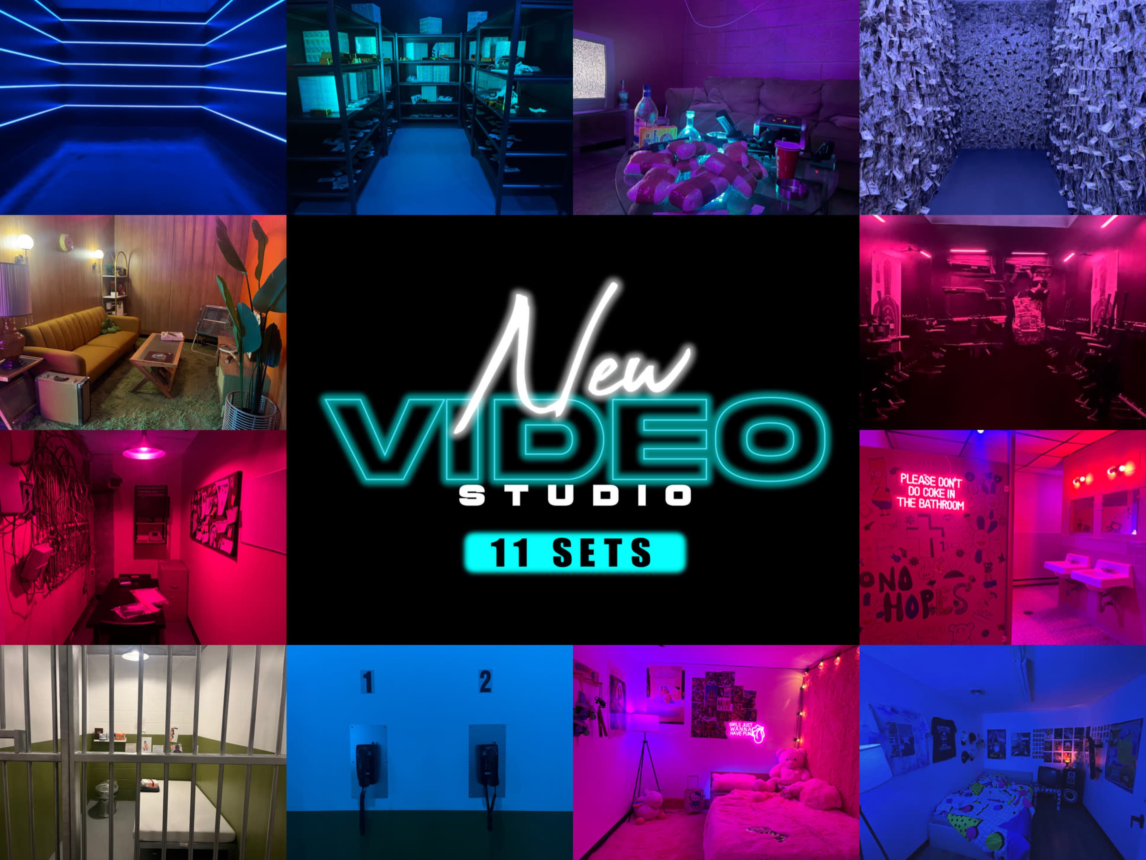 A collage of various themed video studio sets featuring vibrant lighting and creative decor.