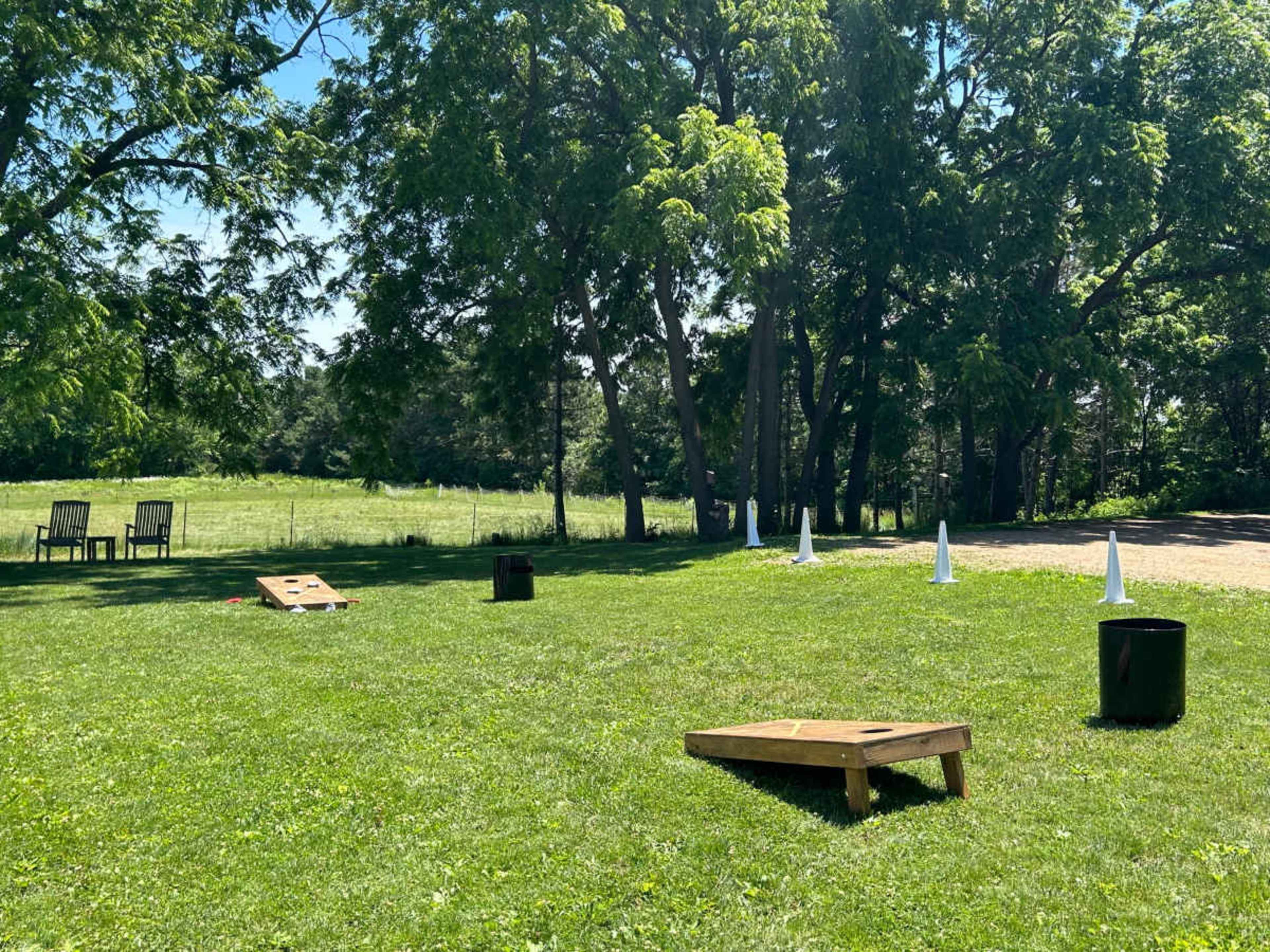 The image shows a grassy area with two cornhole boards set up, along with some upright cones and trash bins nearby, surrounded by trees and a field in the background.
