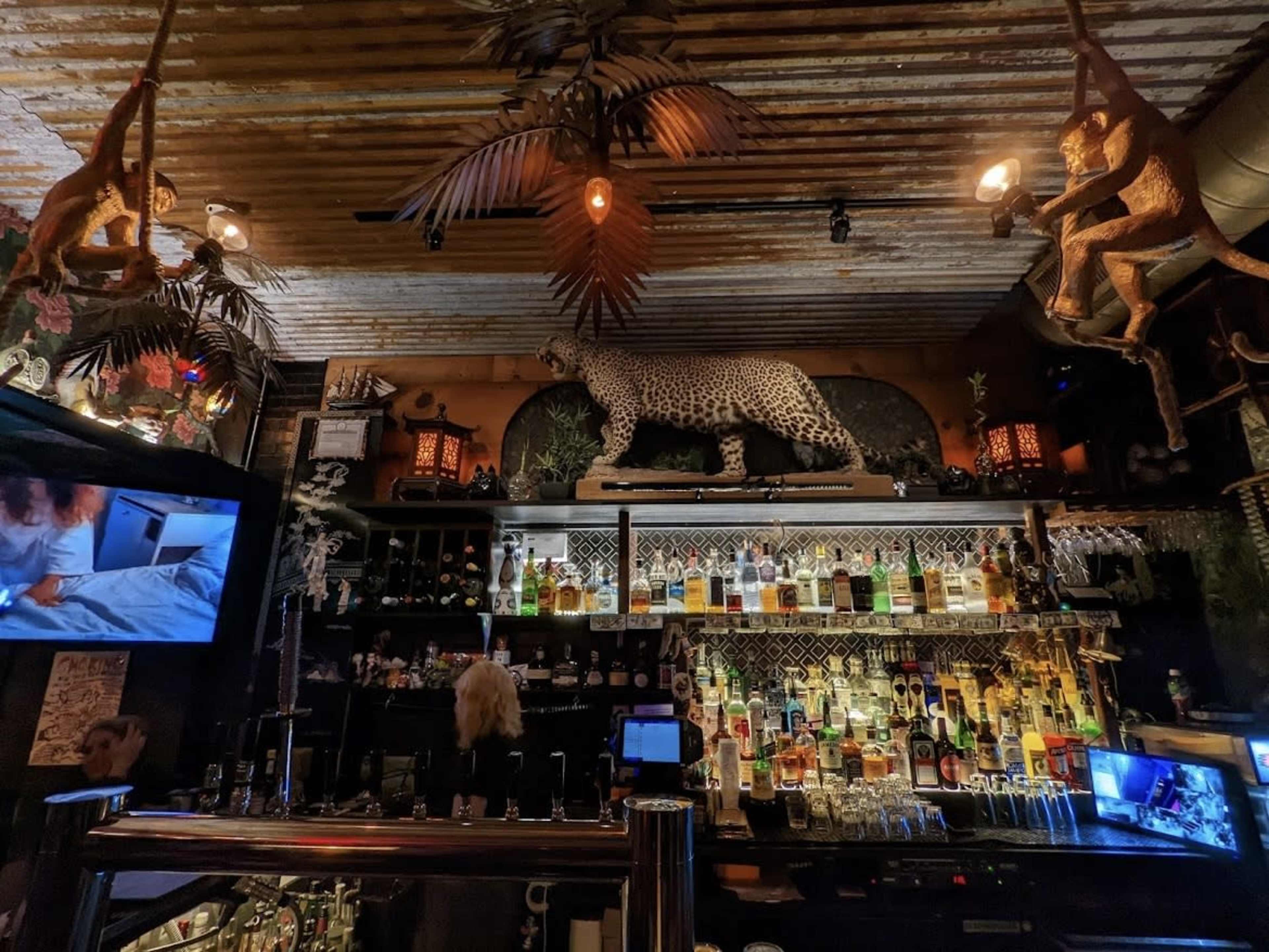 A bar scene with a shelf featuring a variety of liquor bottles, a leopard statue on the wall, and decorative monkeys hanging from the ceiling.
