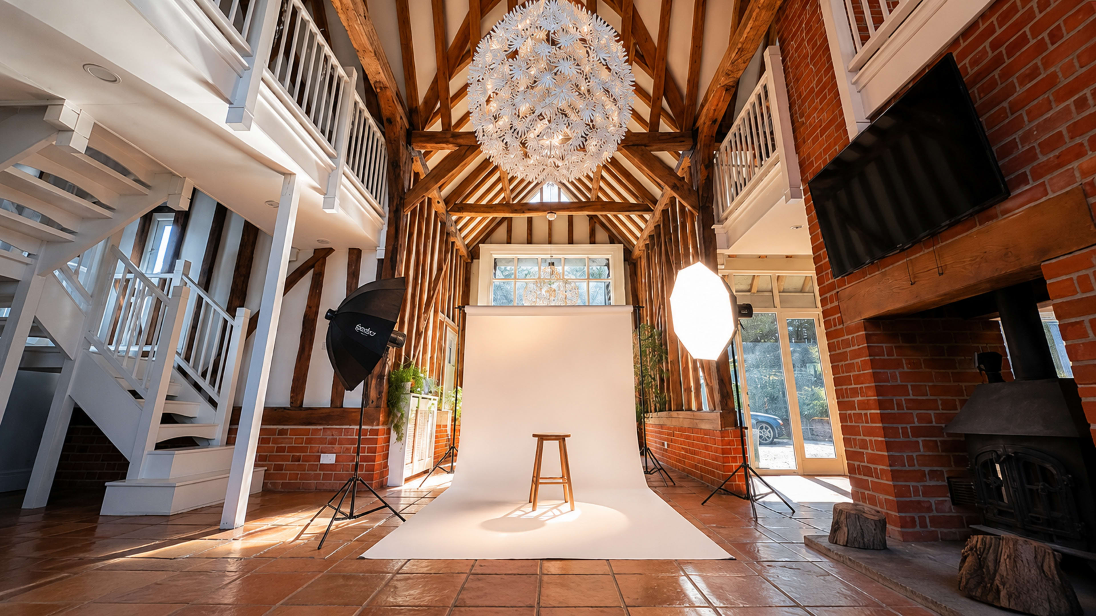 The image shows a spacious room with high ceilings, featuring a photography setup that includes a stool, backdrop, and lighting equipment.