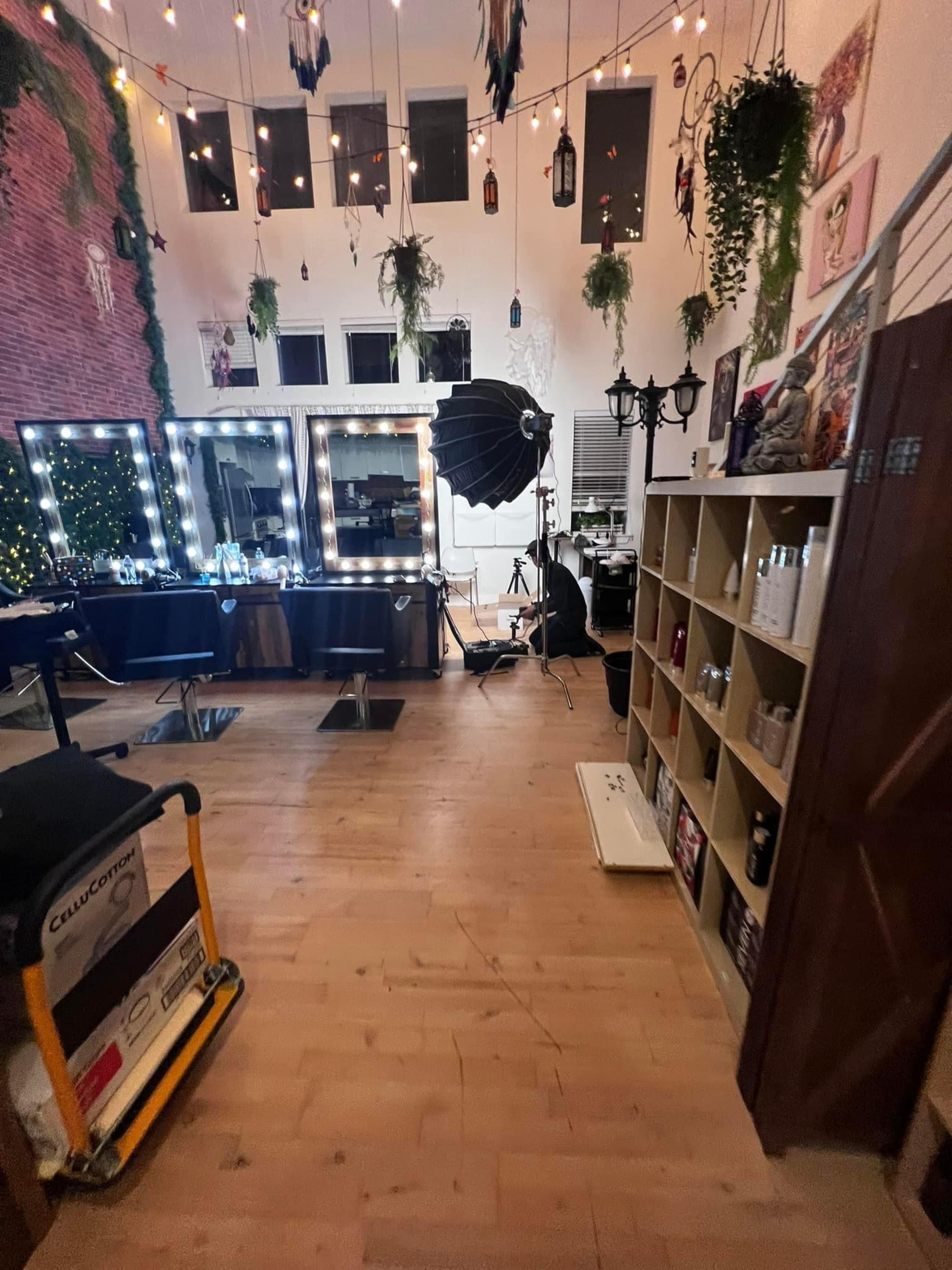 The image shows a well-lit studio space with wooden floors, reflective mirrors, and various plants hanging from the ceiling.