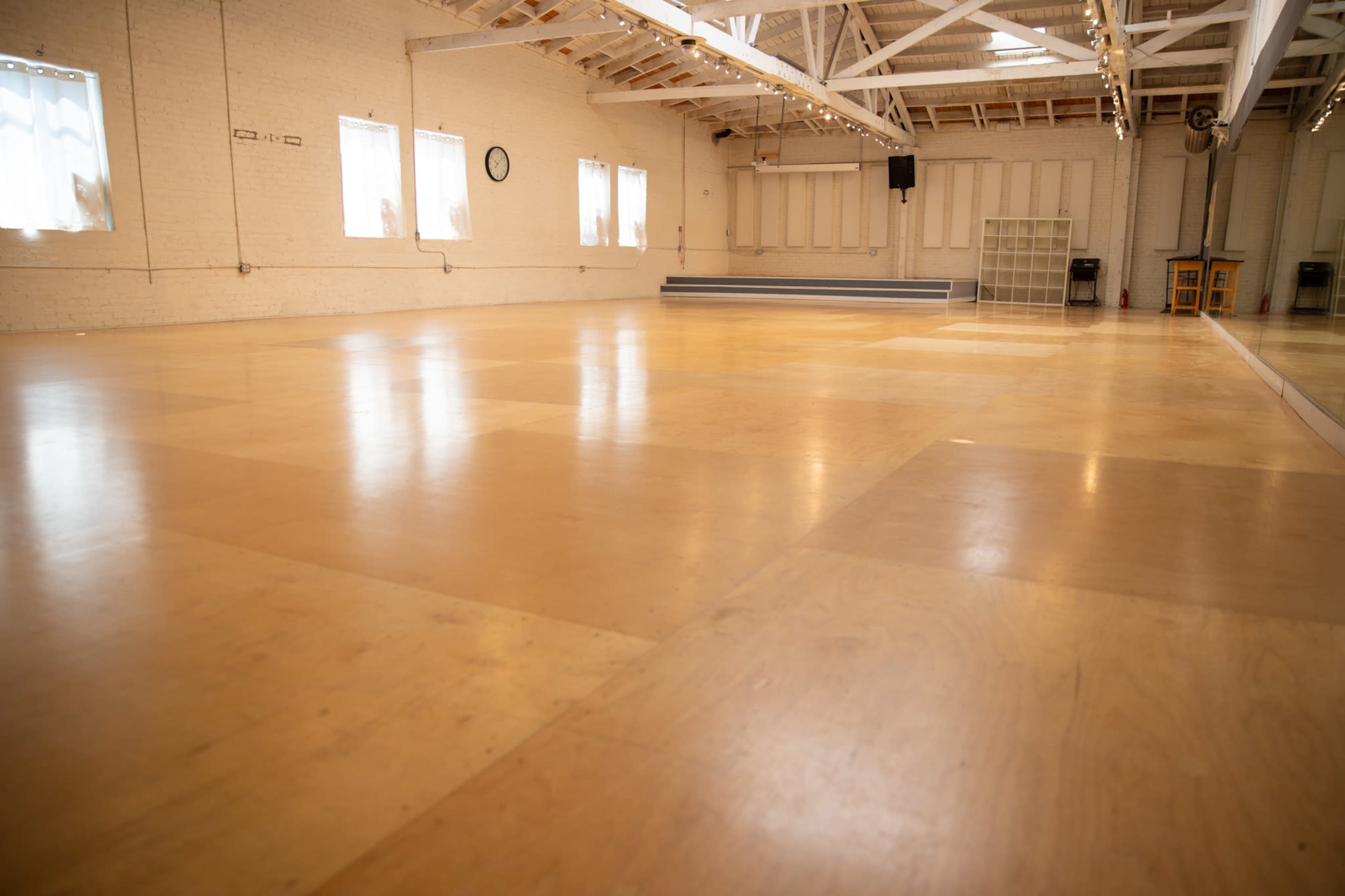 Warehouse Studio with Brick Walls, Wood Floors and Front Stage Image in South Los Angeles, Los Angeles, CA