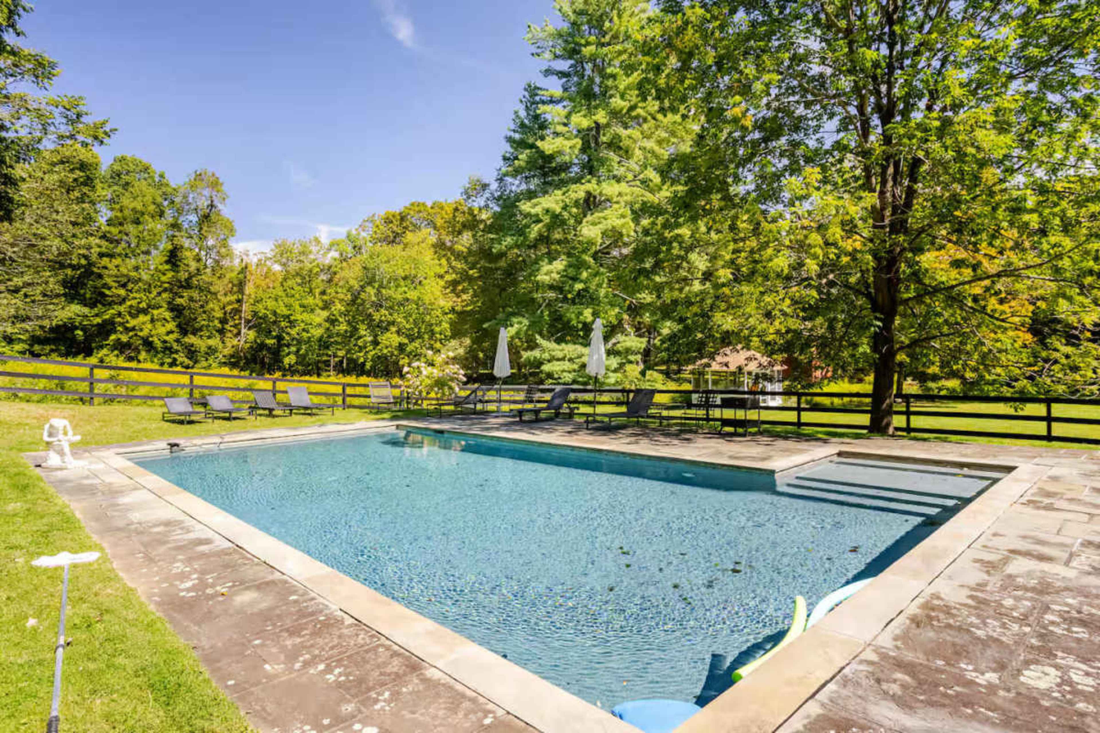 A rectangular swimming pool is surrounded by lounge chairs and trees in a grassy area with a clear blue sky above.