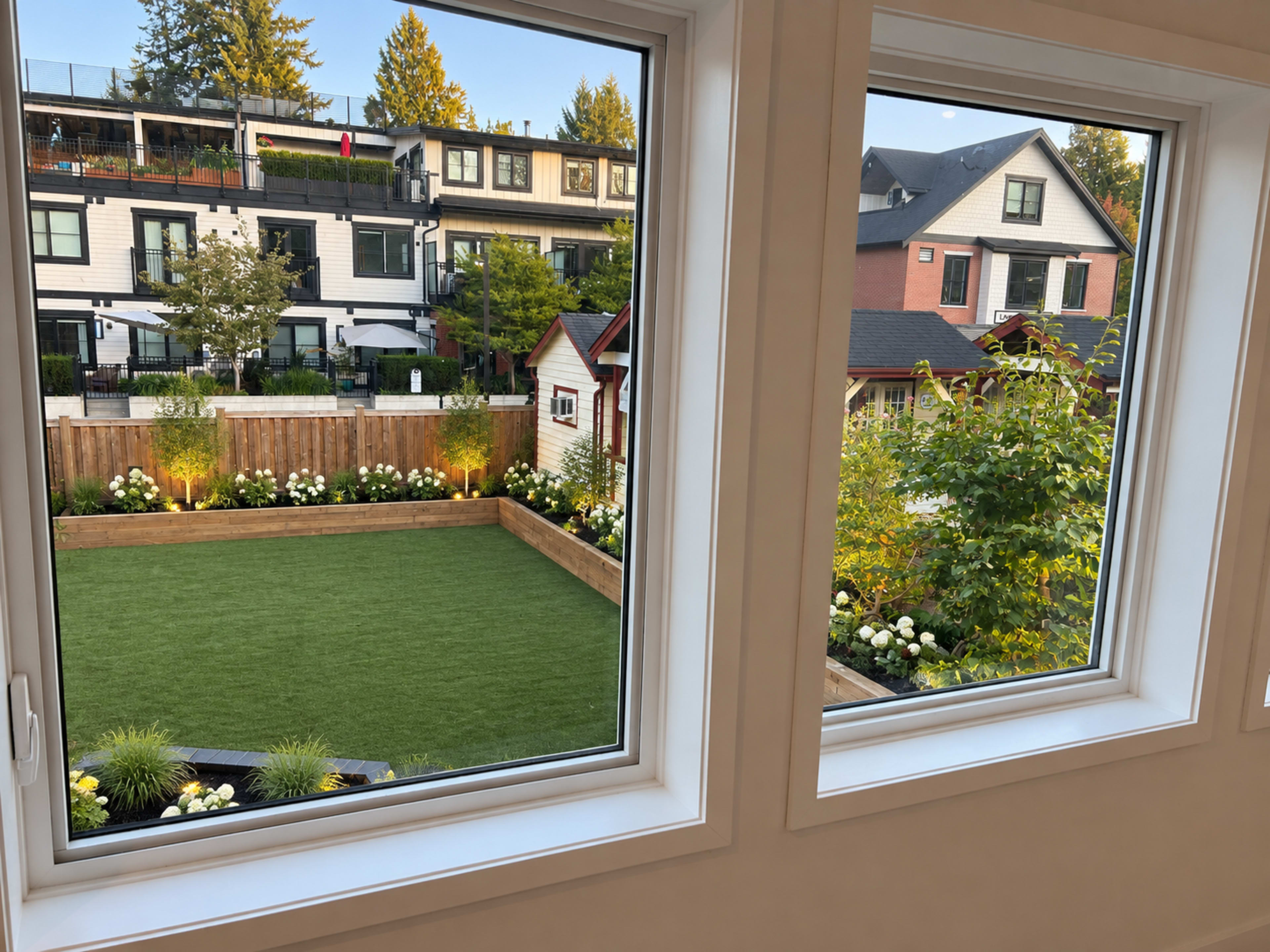 The image shows a well-maintained garden with artificial grass, bordered by flower beds, viewed through two windows in a building.