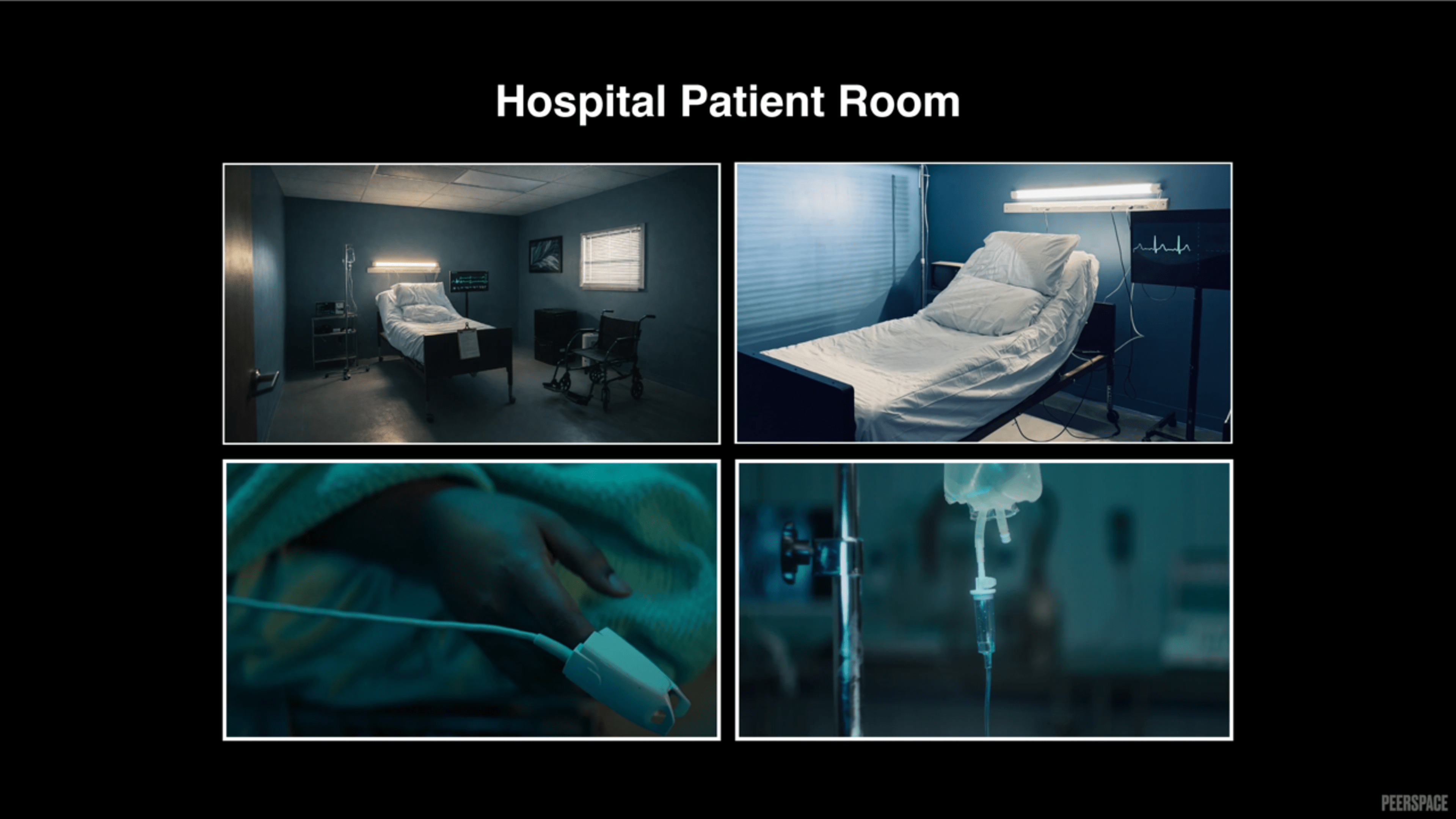 The image features a hospital patient room with a bed, medical equipment, and a close-up of an IV drip and a patient's hand.