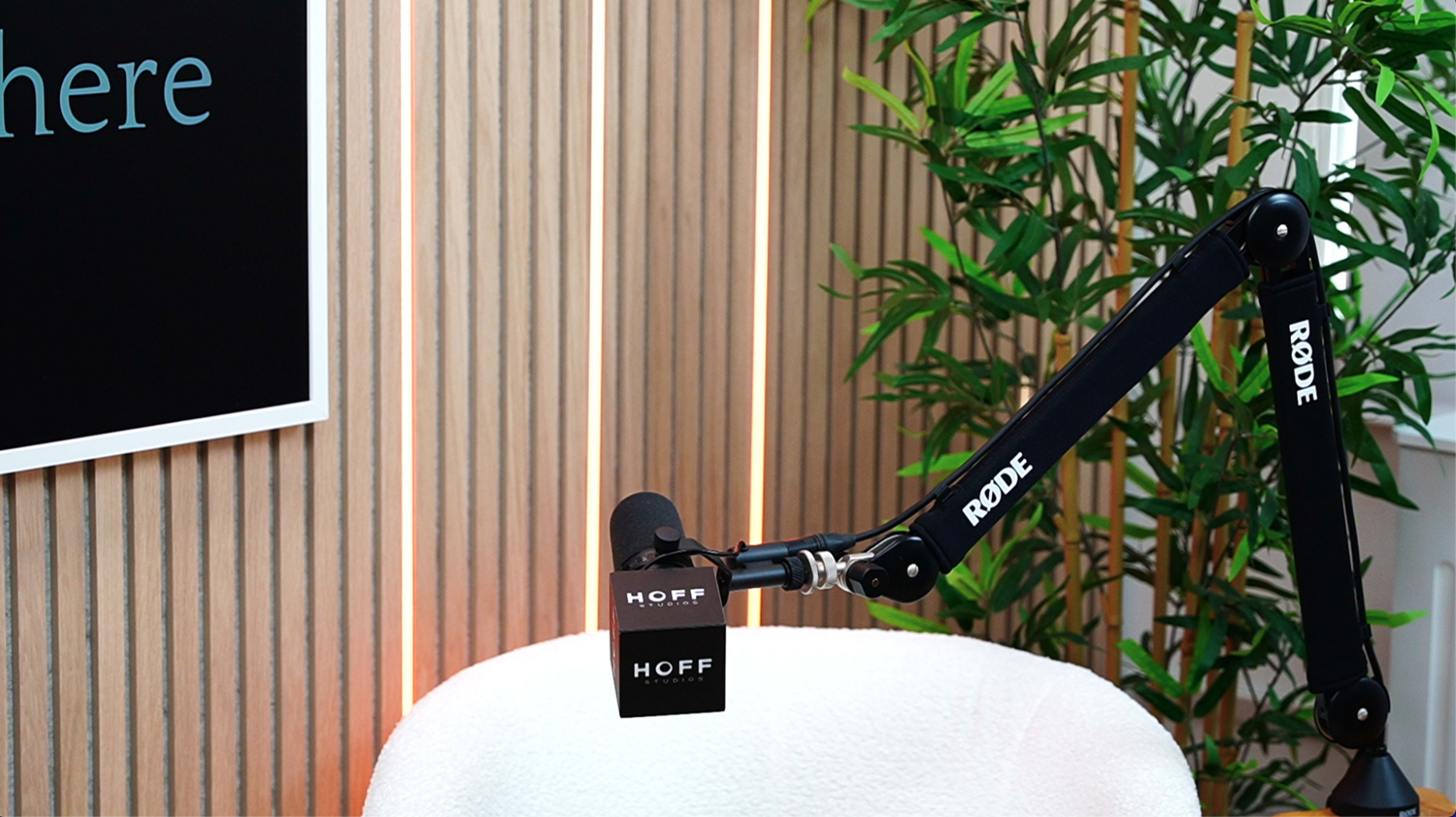 The image shows a Rode microphone mounted on an adjustable arm next to a white chair in a room with wooden paneling and a green plant in the background.