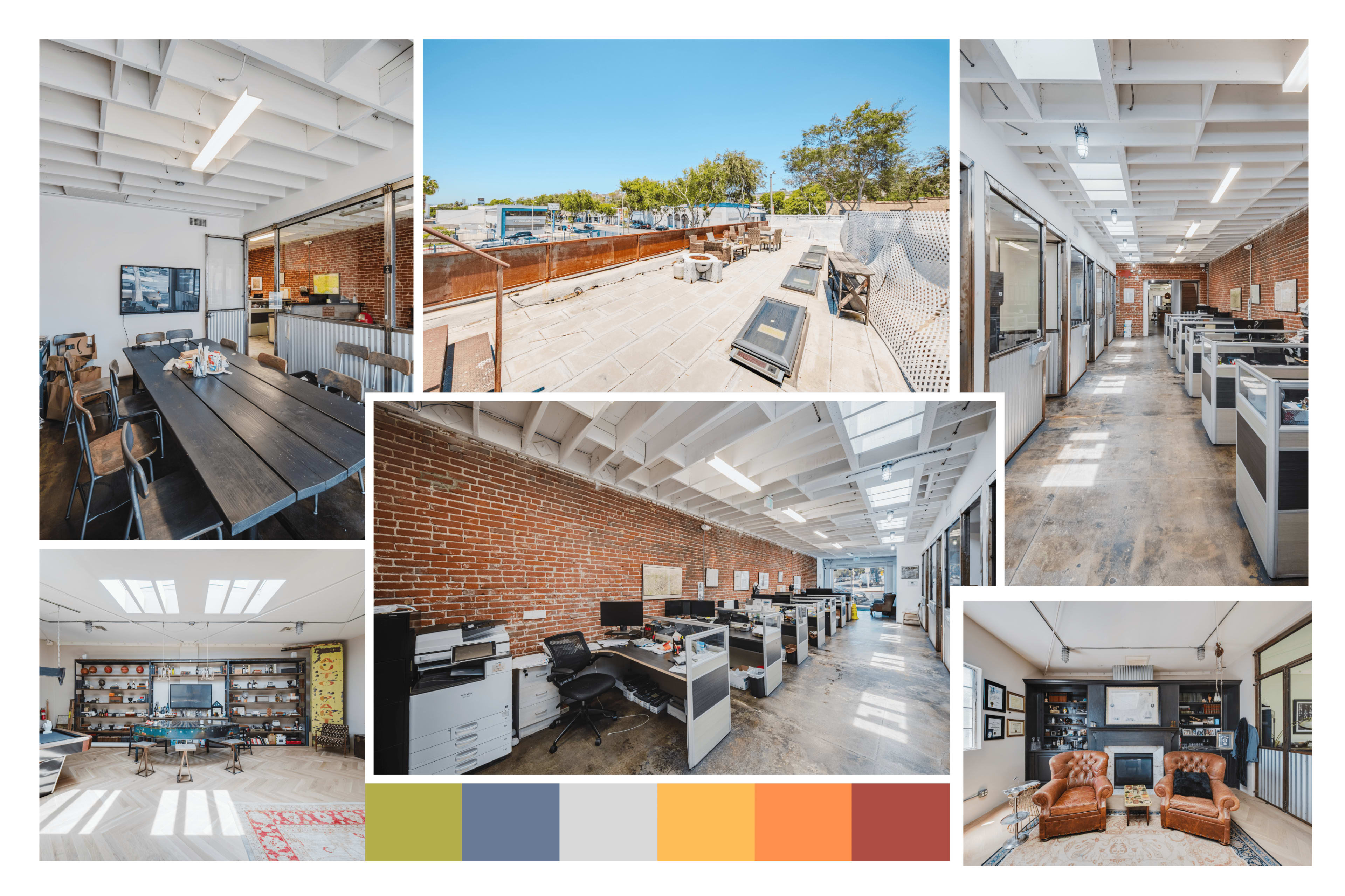 The image collage showcases a modern office space with a mix of open areas, private offices, and shared meeting rooms featuring brick walls and large windows.