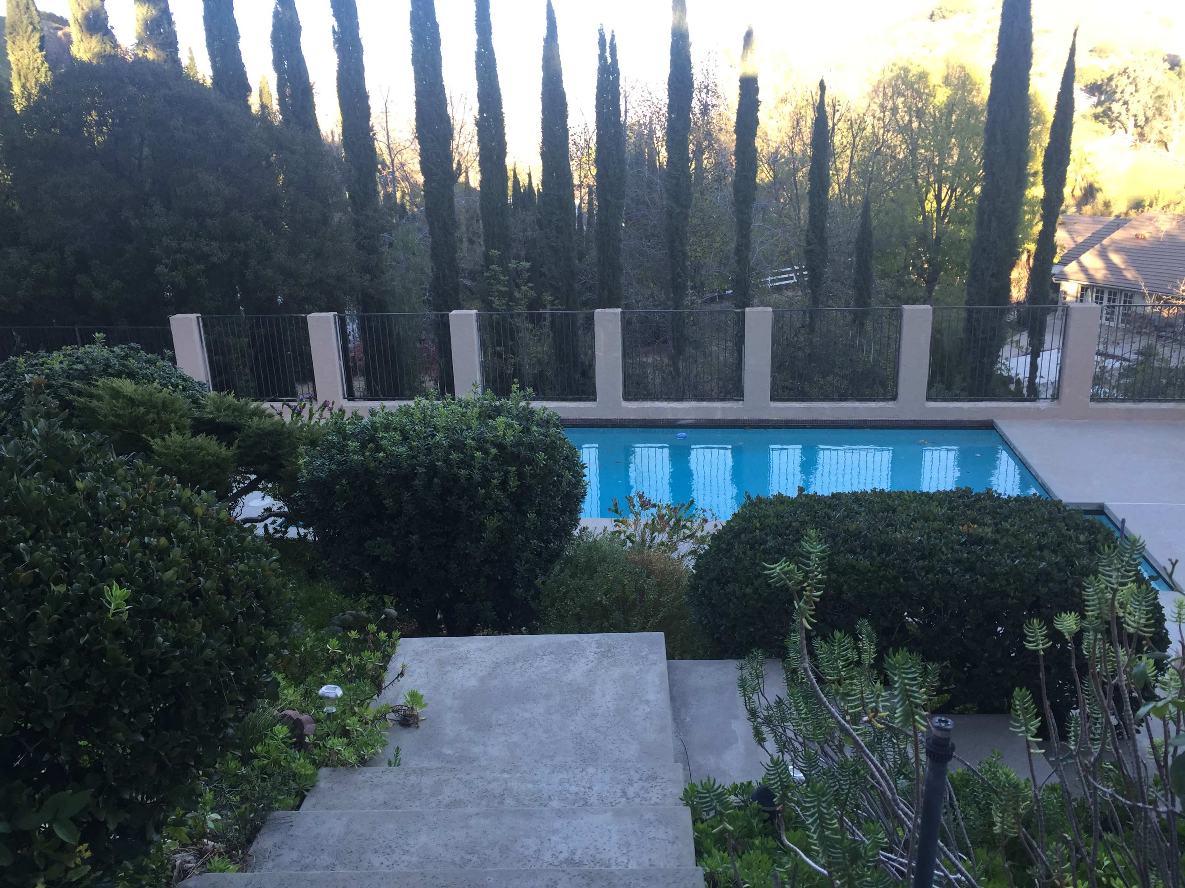 A set of stone steps leads down to a swimming pool surrounded by manicured greenery and tall coniferous trees in the background.