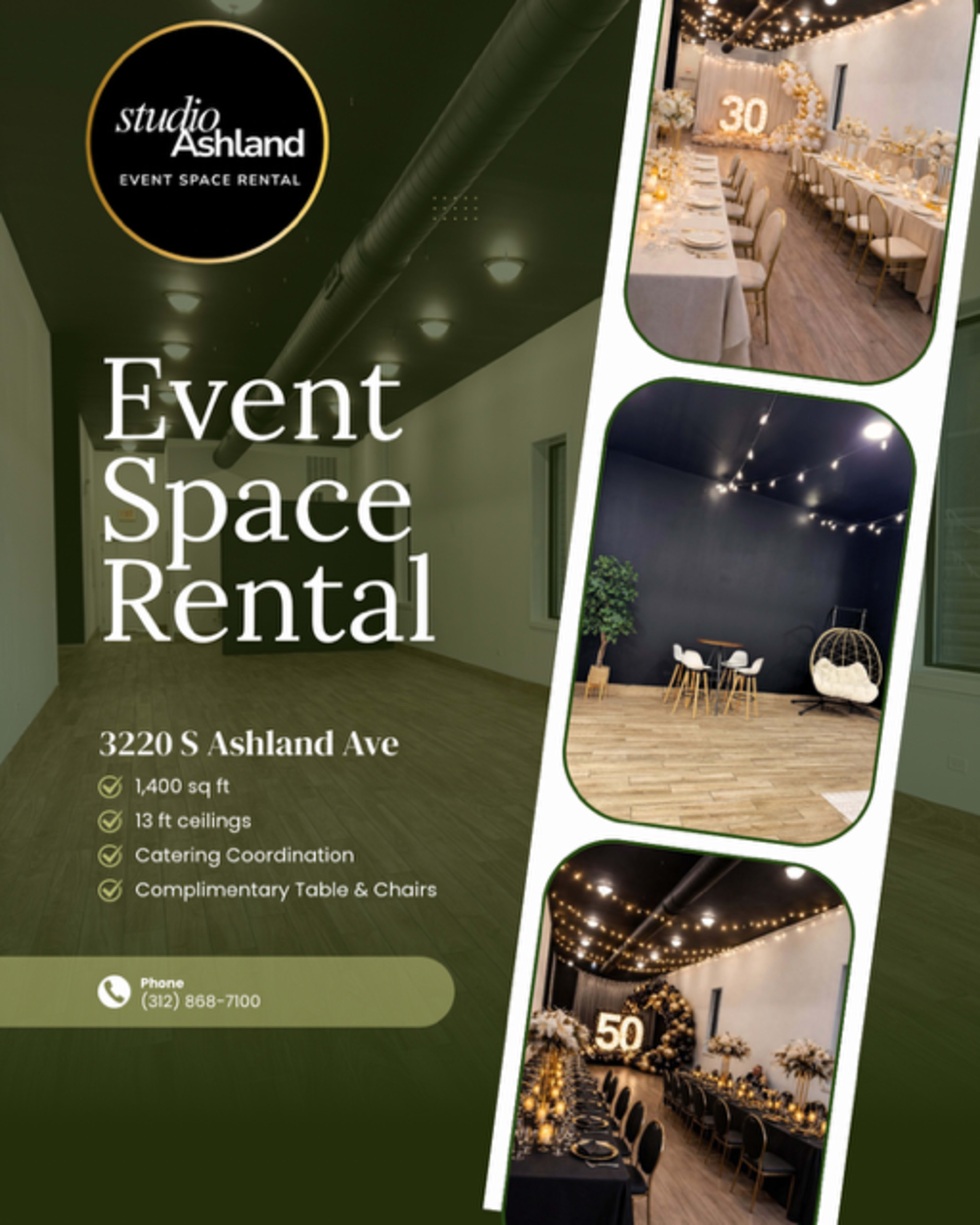 The image advertises an event space rental featuring details about the location, size, ceiling height, and services offered.
