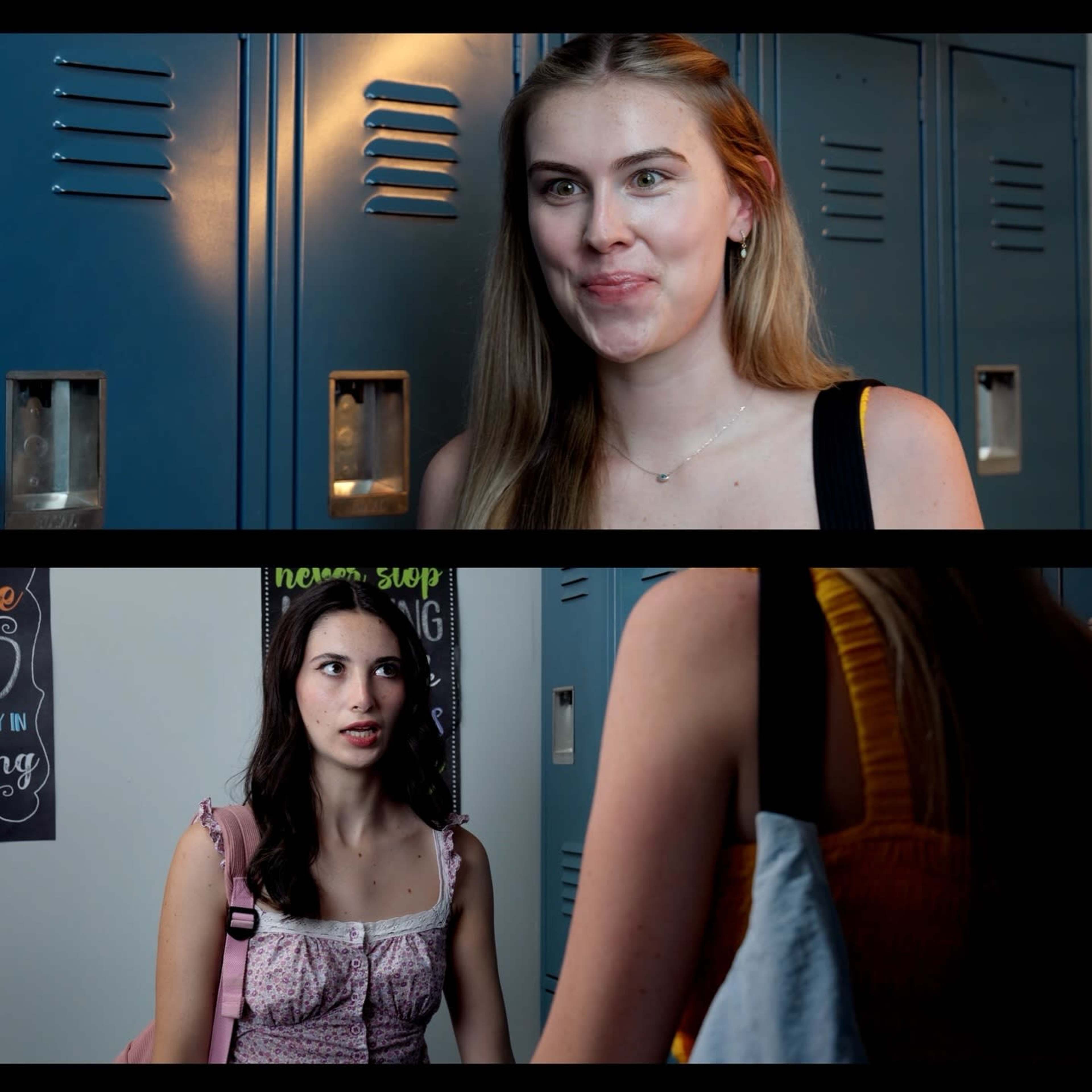 Two teenagers are shown in a school hallway, one standing in front of lockers while the other, who is holding a backpack, listens intently.