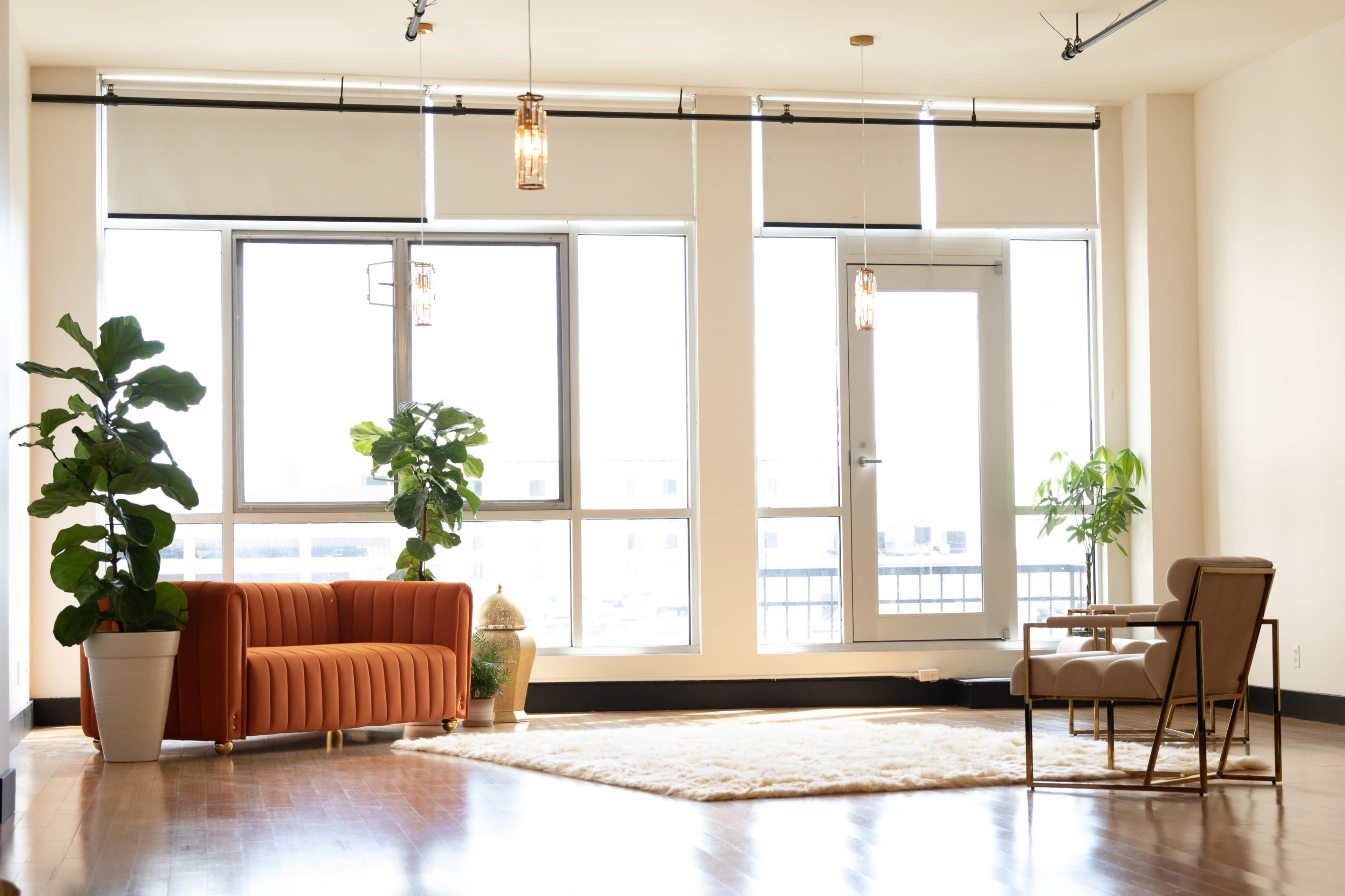 A modern living space features a rust-colored couch, a wooden chair, and several large plants near a wall of windows.