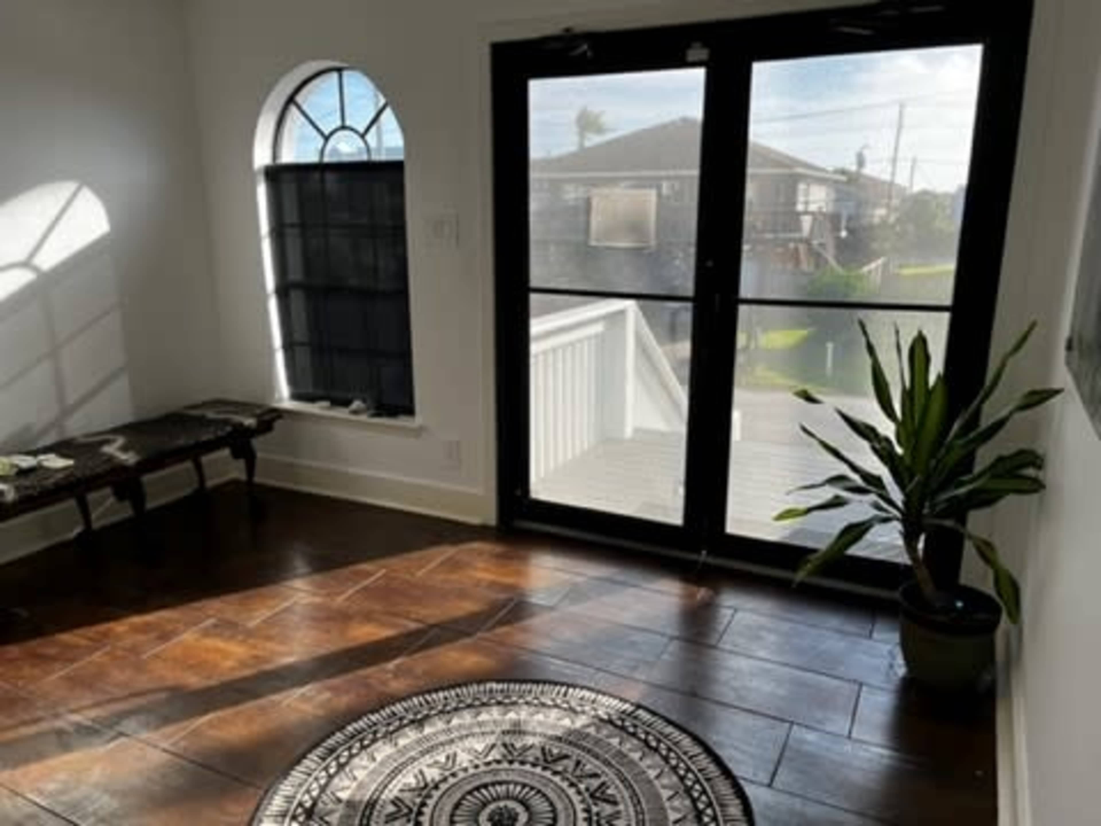 A sunlit room features a patterned rug, a potted plant, and a door leading to an outdoor deck.