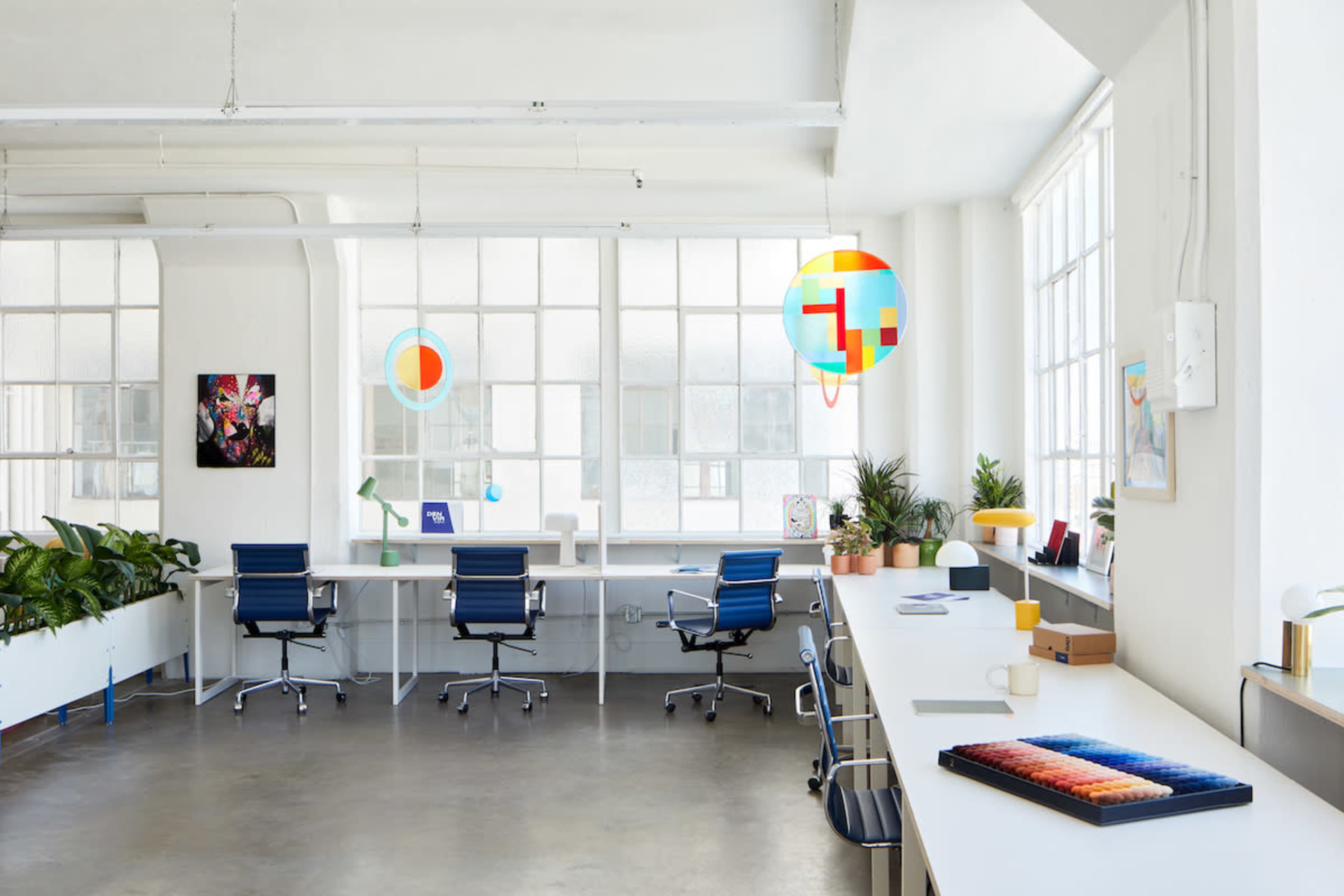 A bright, modern office space with large windows, a few desks with chairs, and various decorative plants.