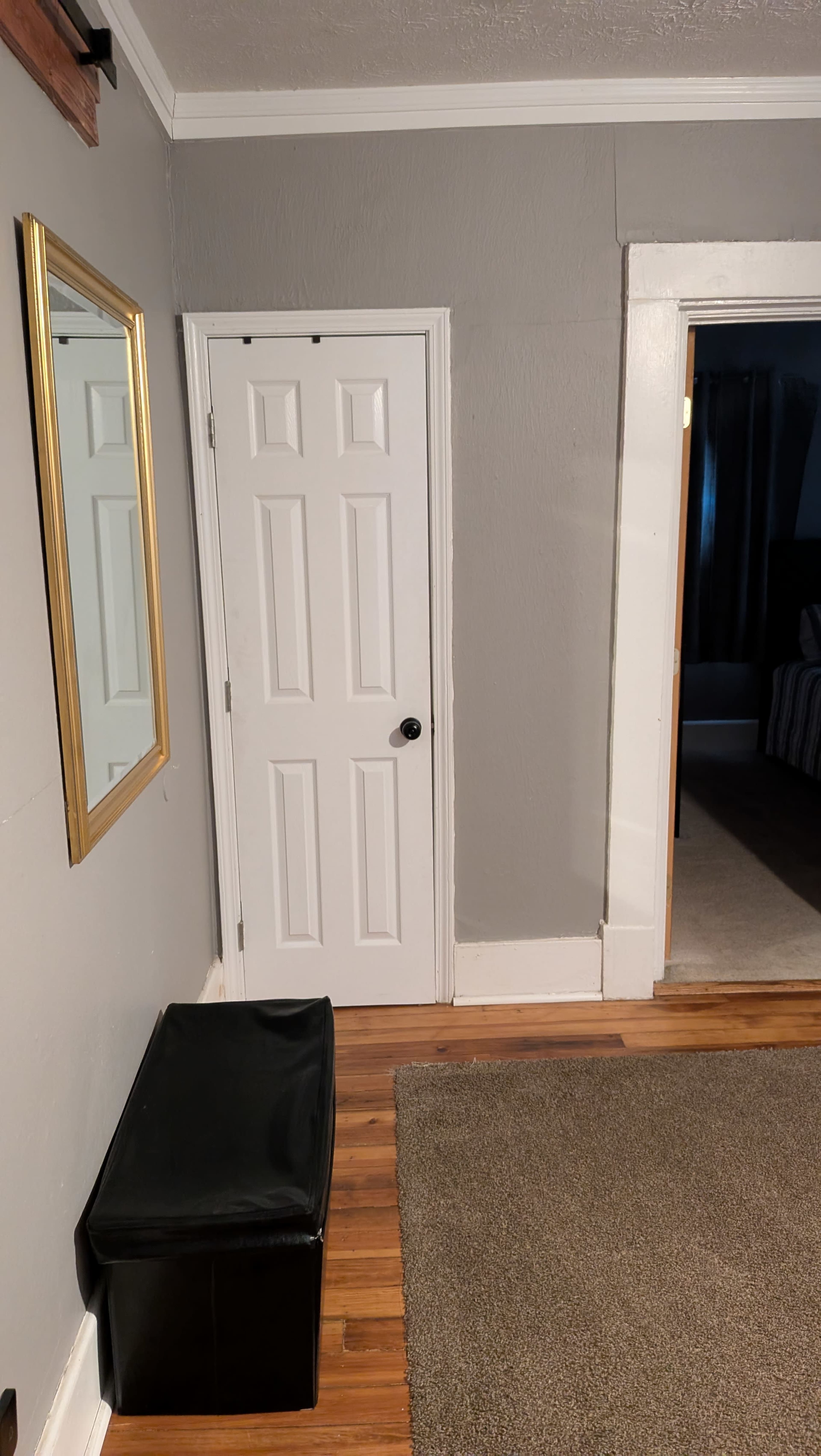 The image shows a corner of a room featuring a closed white door, a black storage ottoman, a rectangular mirror on the wall, and a doorway leading to another room.