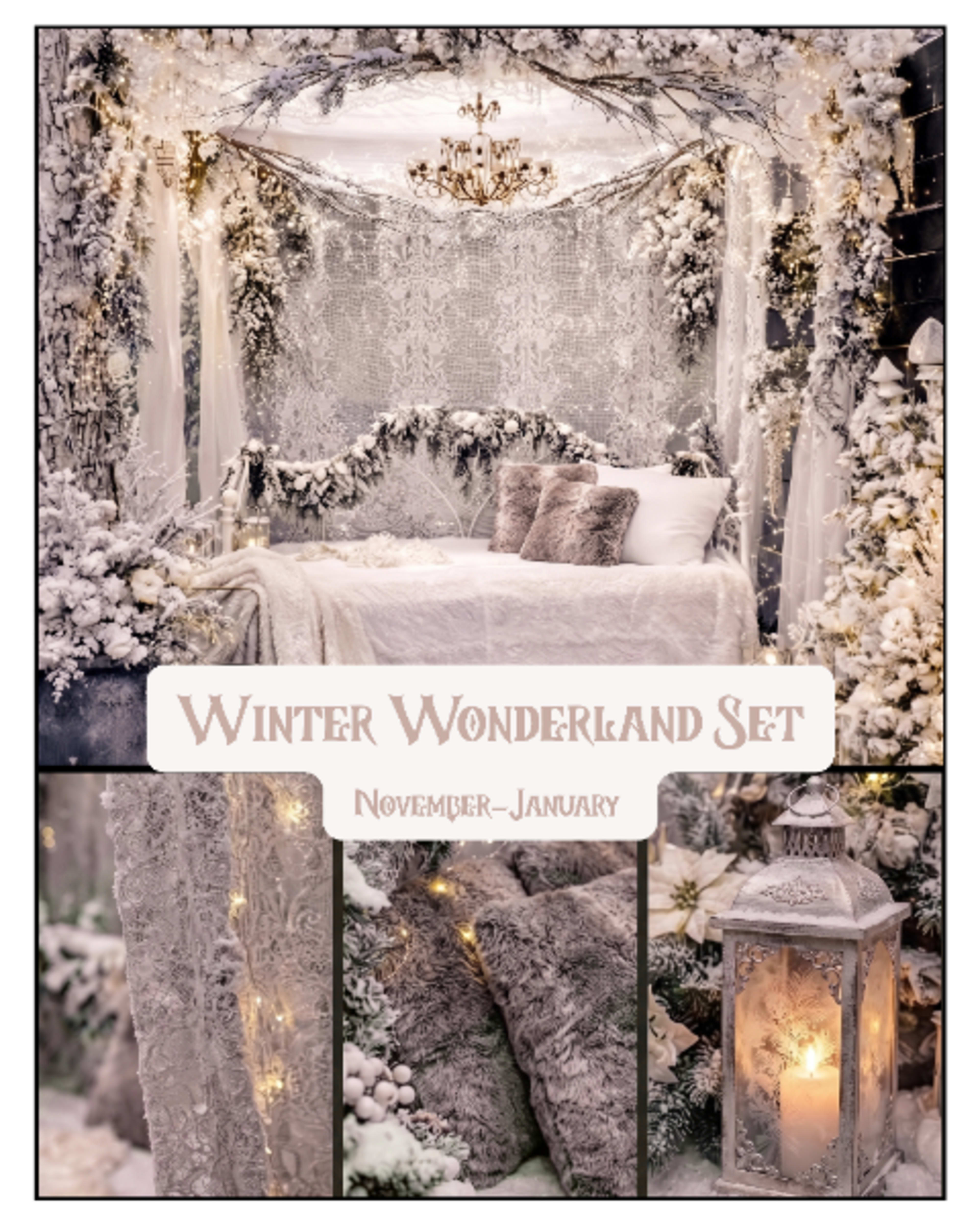 The image displays a cozy winter-themed bedroom set adorned with decorative foliage, a chandelier, and soft textiles, along with additional winter decor elements.