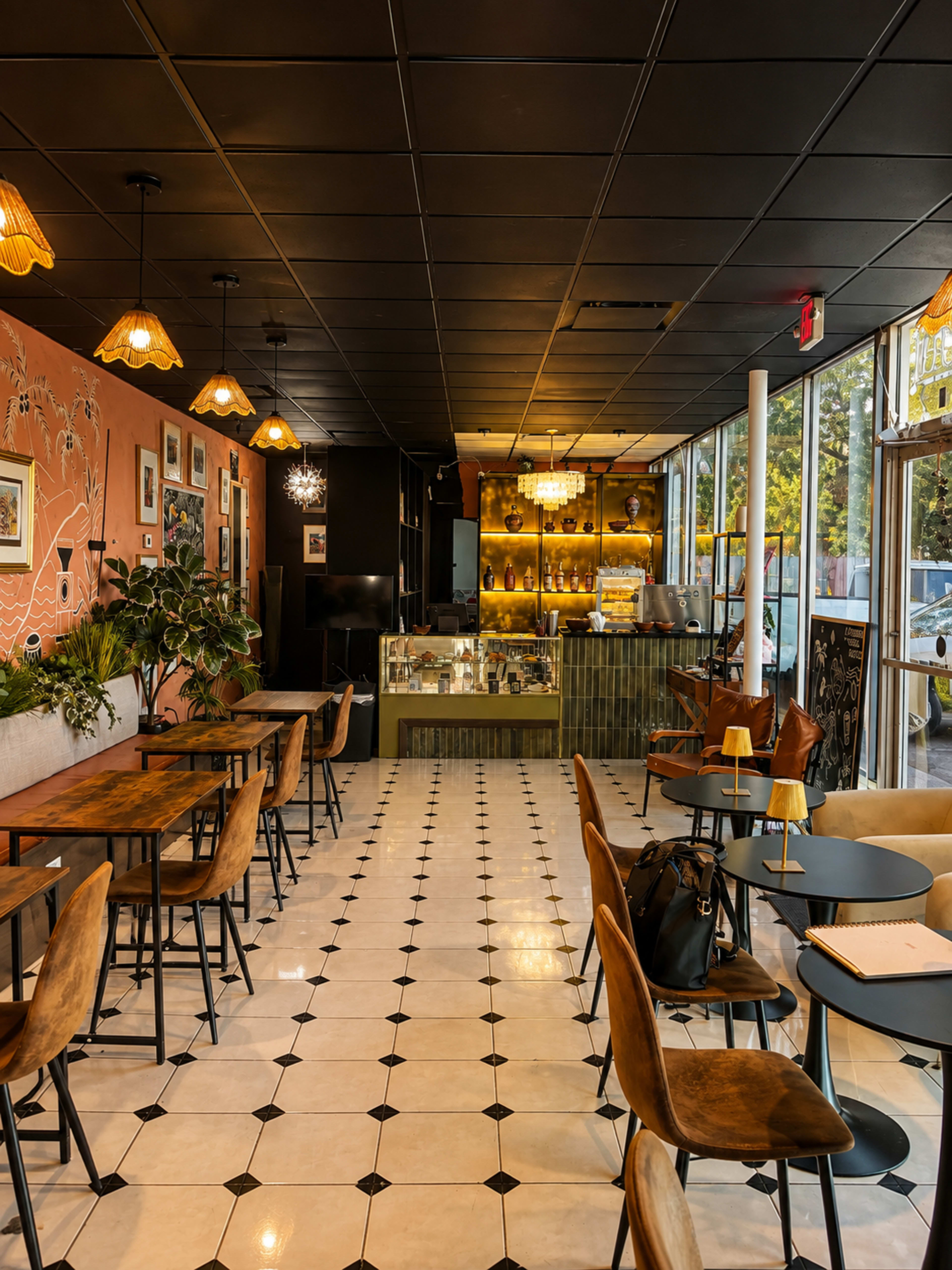 The image shows a cozy cafe interior with wooden tables, leather chairs, and a display counter, featuring large windows that allow natural light to enter.