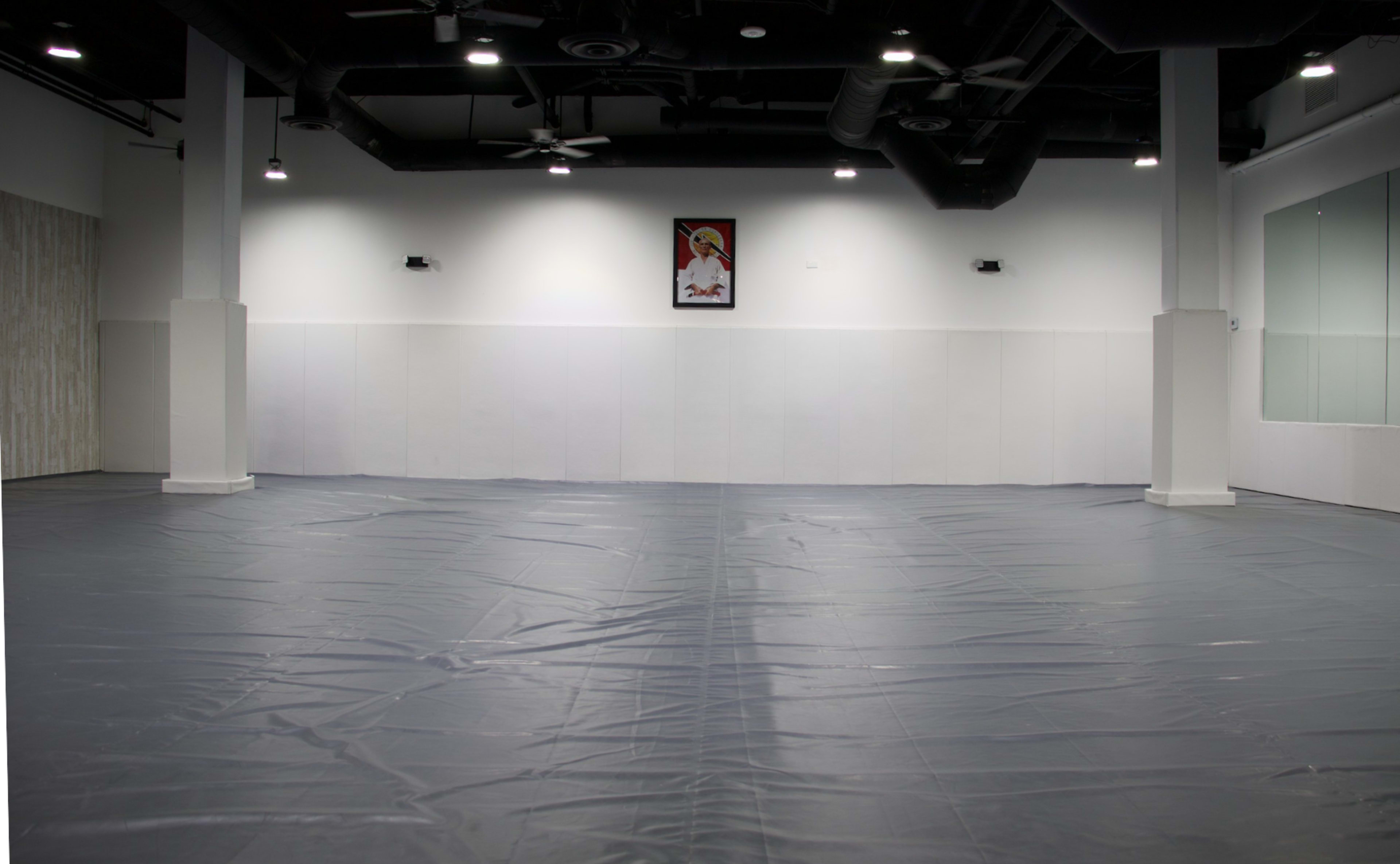 The image shows a spacious, empty room with gray flooring, white walls, and a decorative framed picture on one wall.
