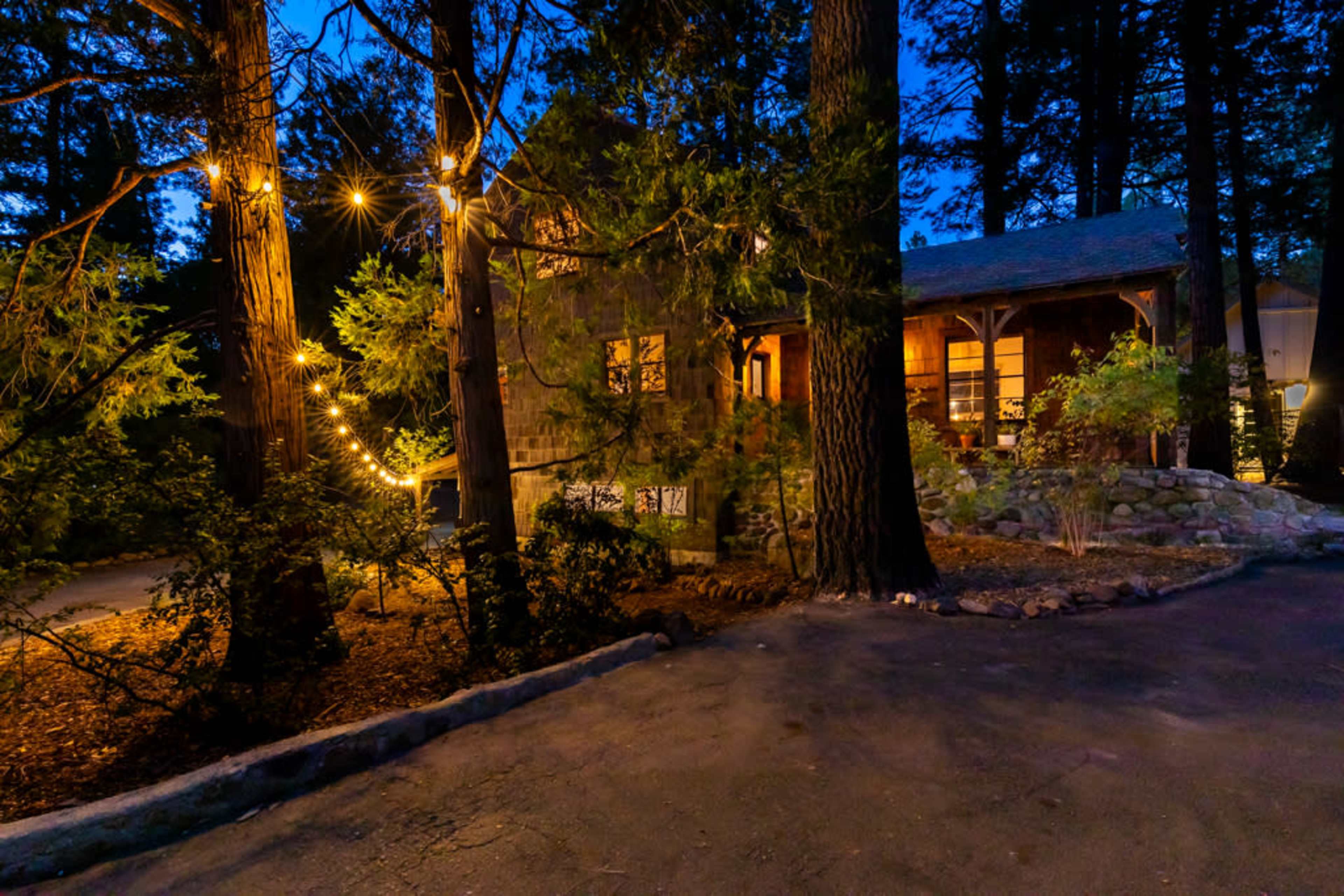 A cabin surrounded by tall trees is illuminated by string lights along a gravel path at dusk.