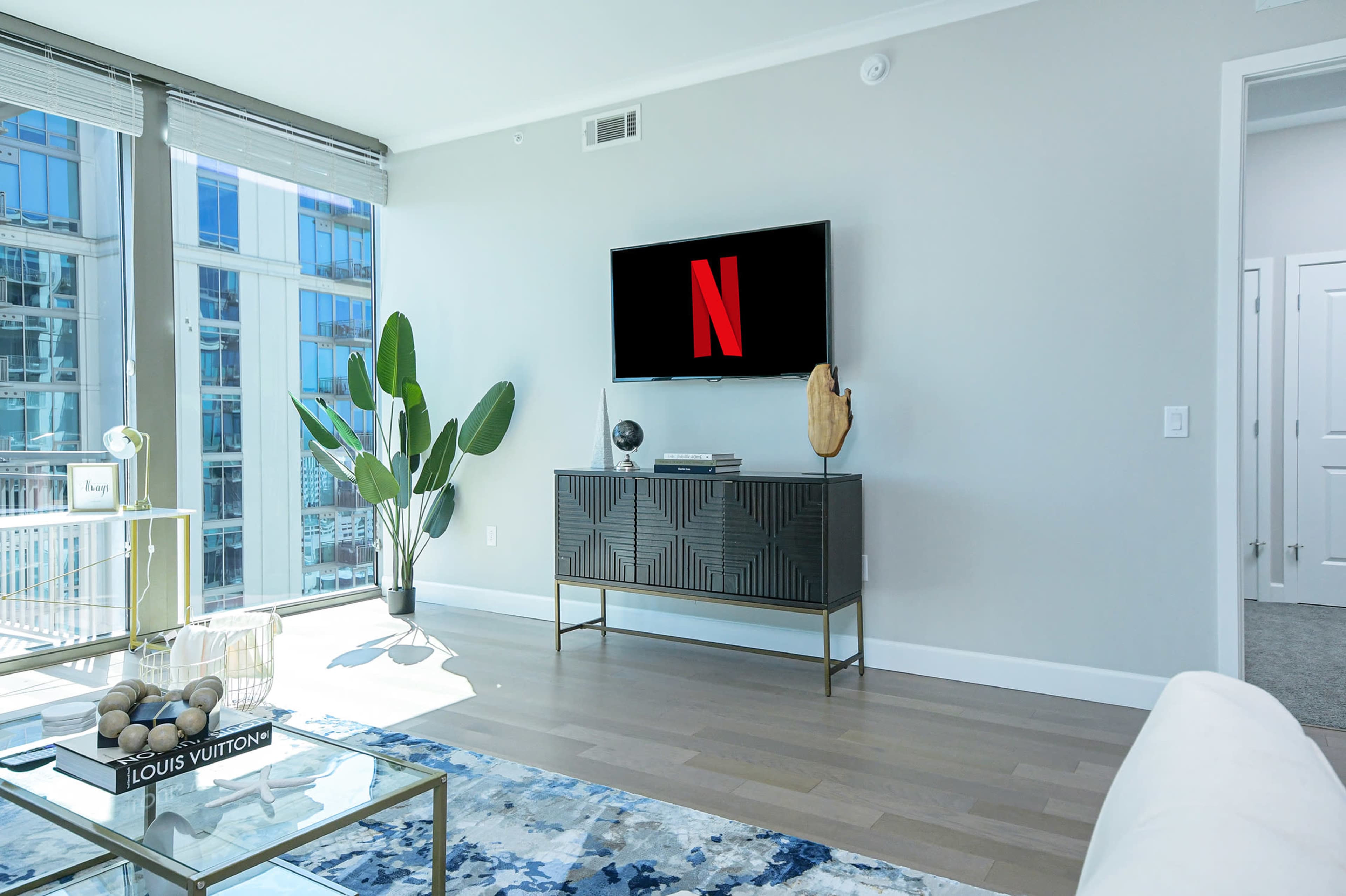 A modern living room with a television mounted on the wall and a decorative console table beneath it, alongside a large potted plant and a patterned area rug.