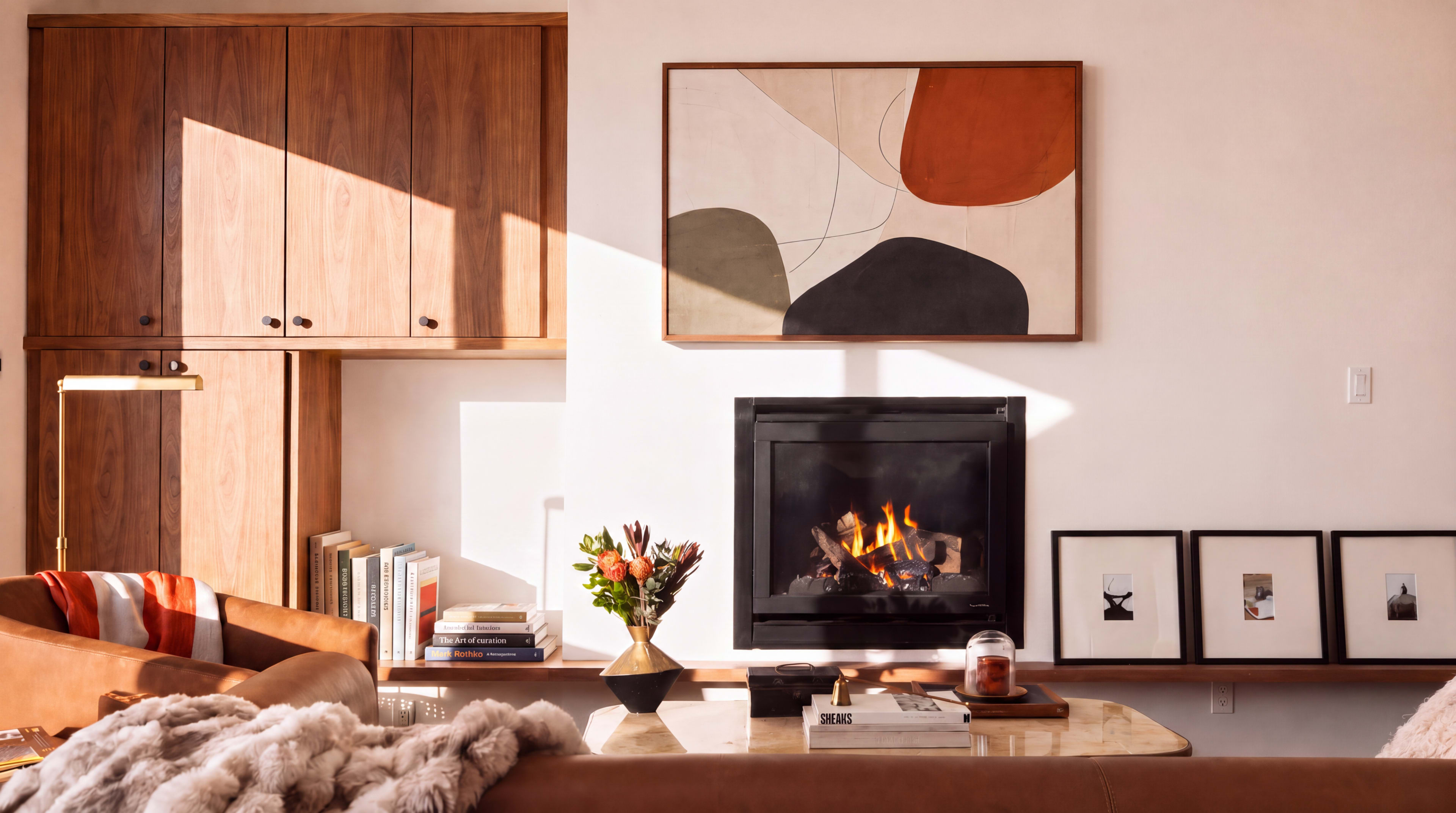 A cozy living room features a modern fireplace, framed artwork, and a coffee table adorned with flowers and a candle.