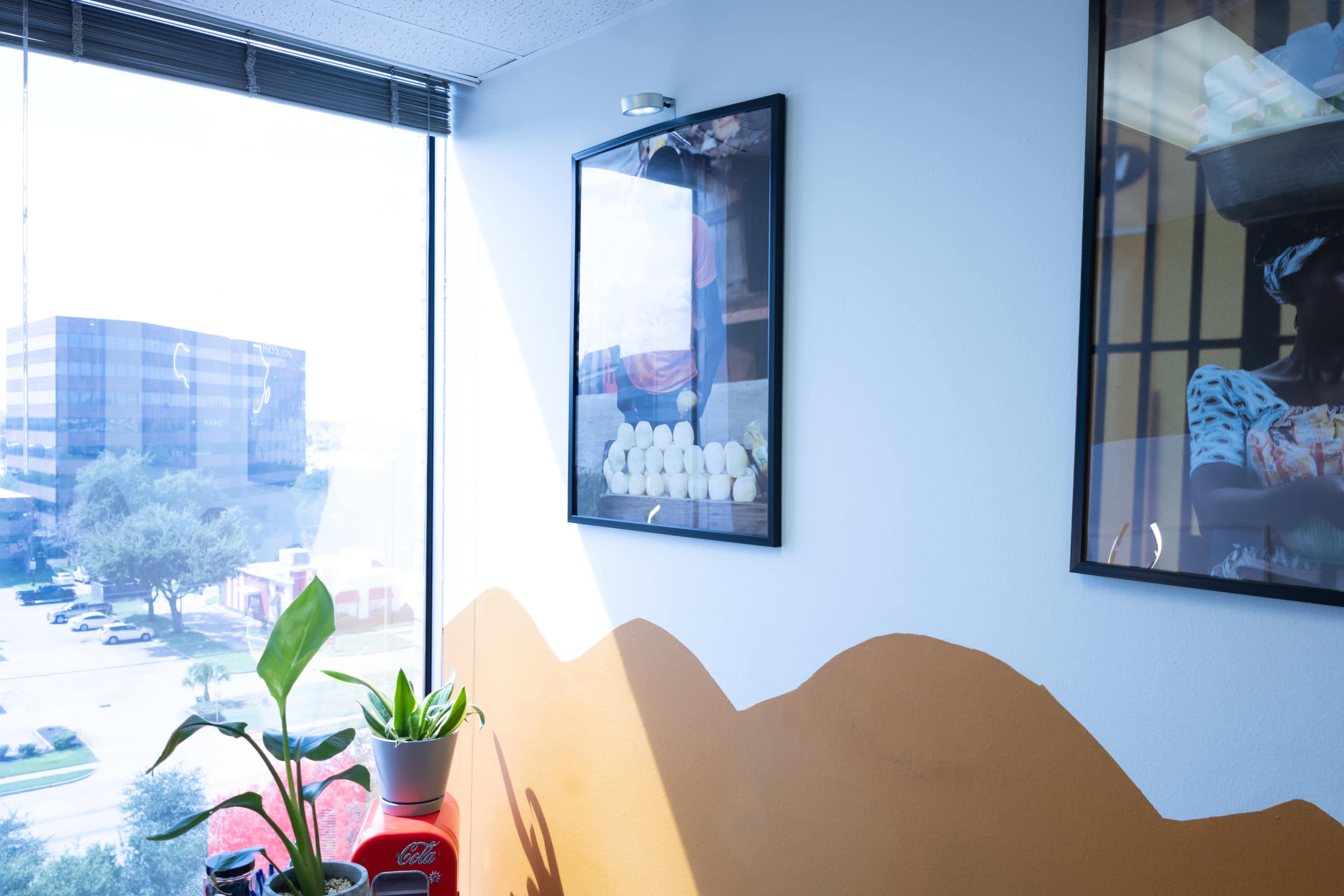 A corner of an office with two framed pictures on the wall above a potted plant and a painted orange design.
