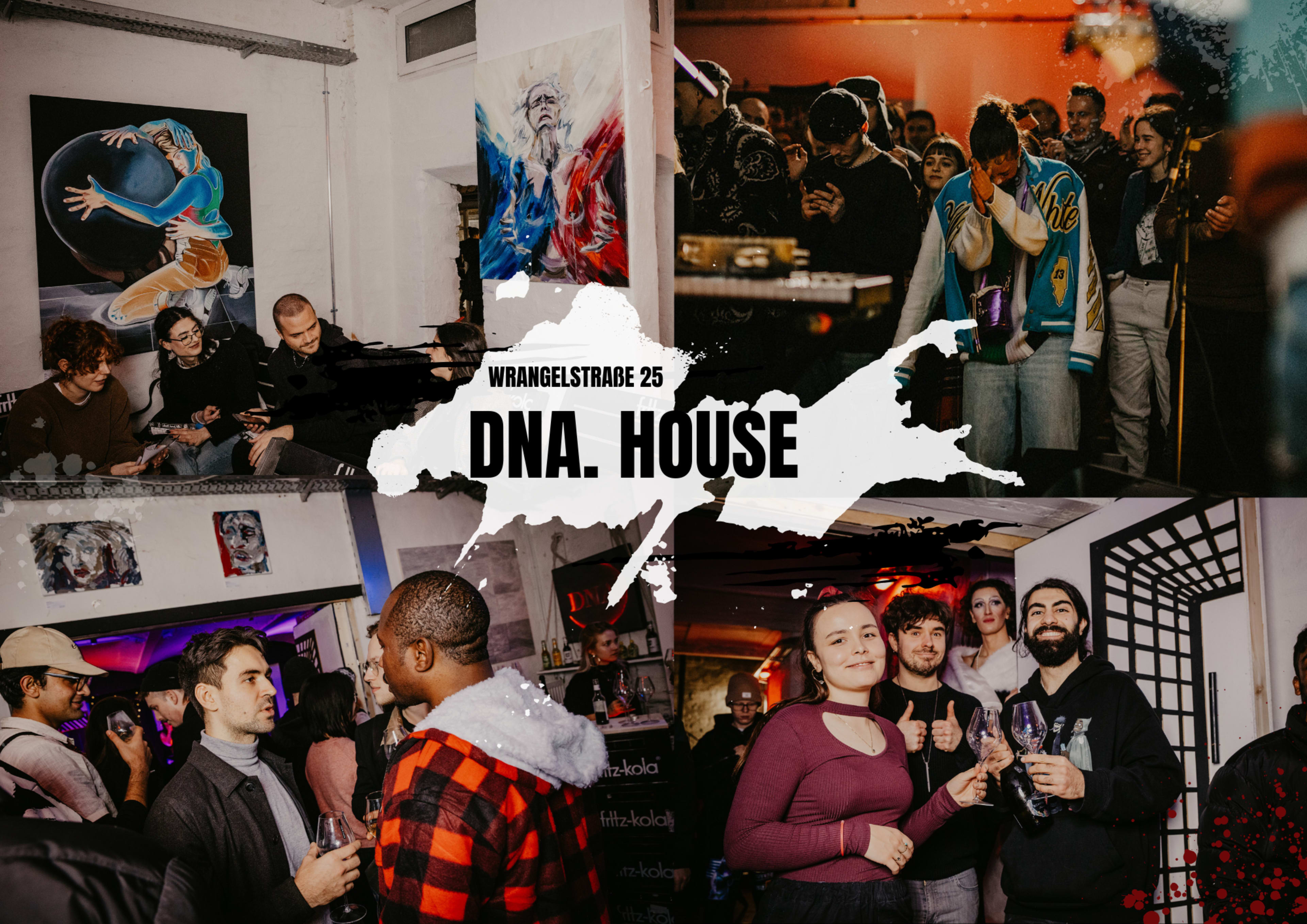 The image features a vibrant event scene with a diverse group of people engaging and socializing in an artistic space, highlighted by colorful artwork and a central graphic announcing "DNA. HŮSE."