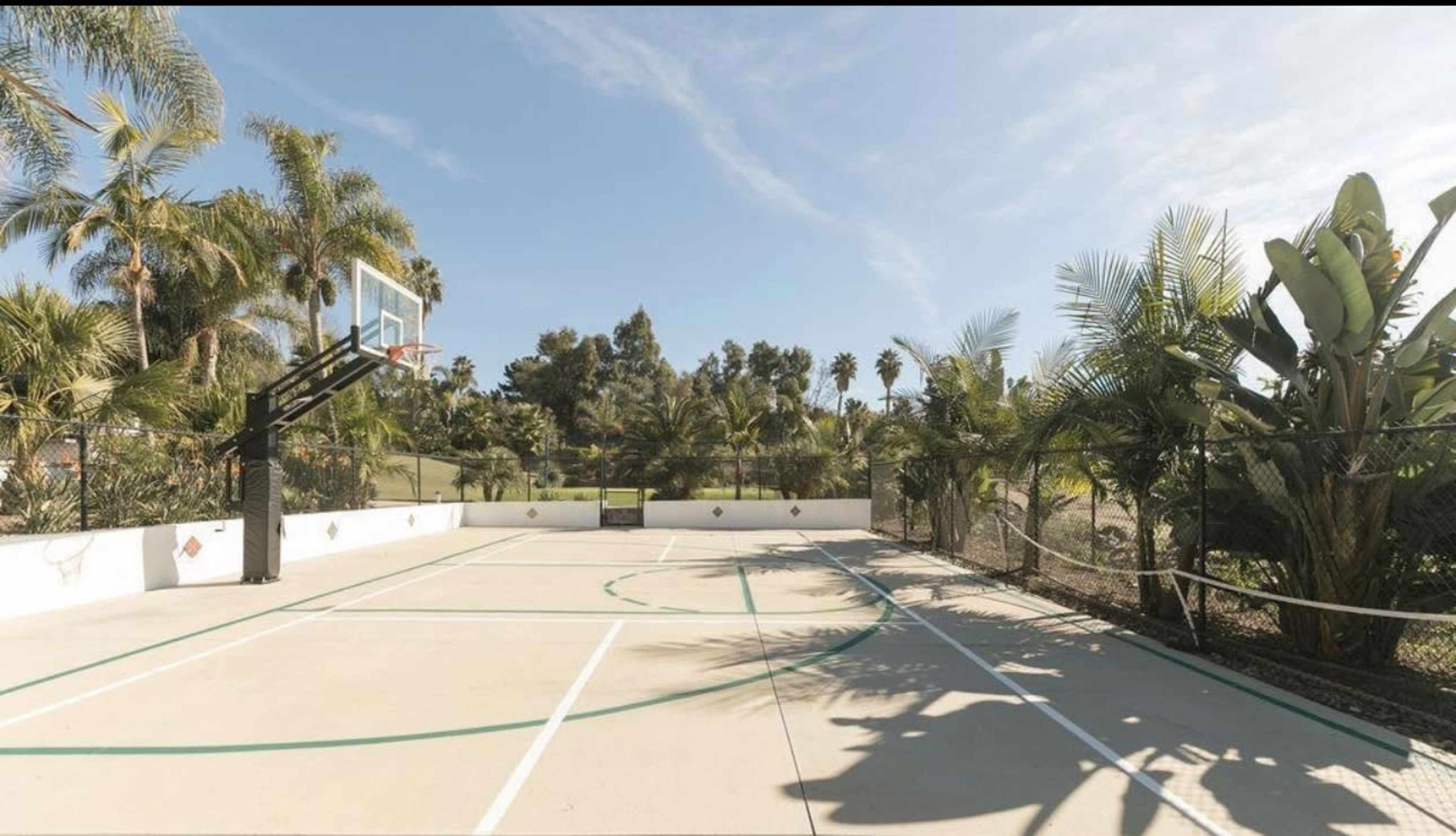 The image shows a well-maintained outdoor basketball court surrounded by tropical plants and trees.