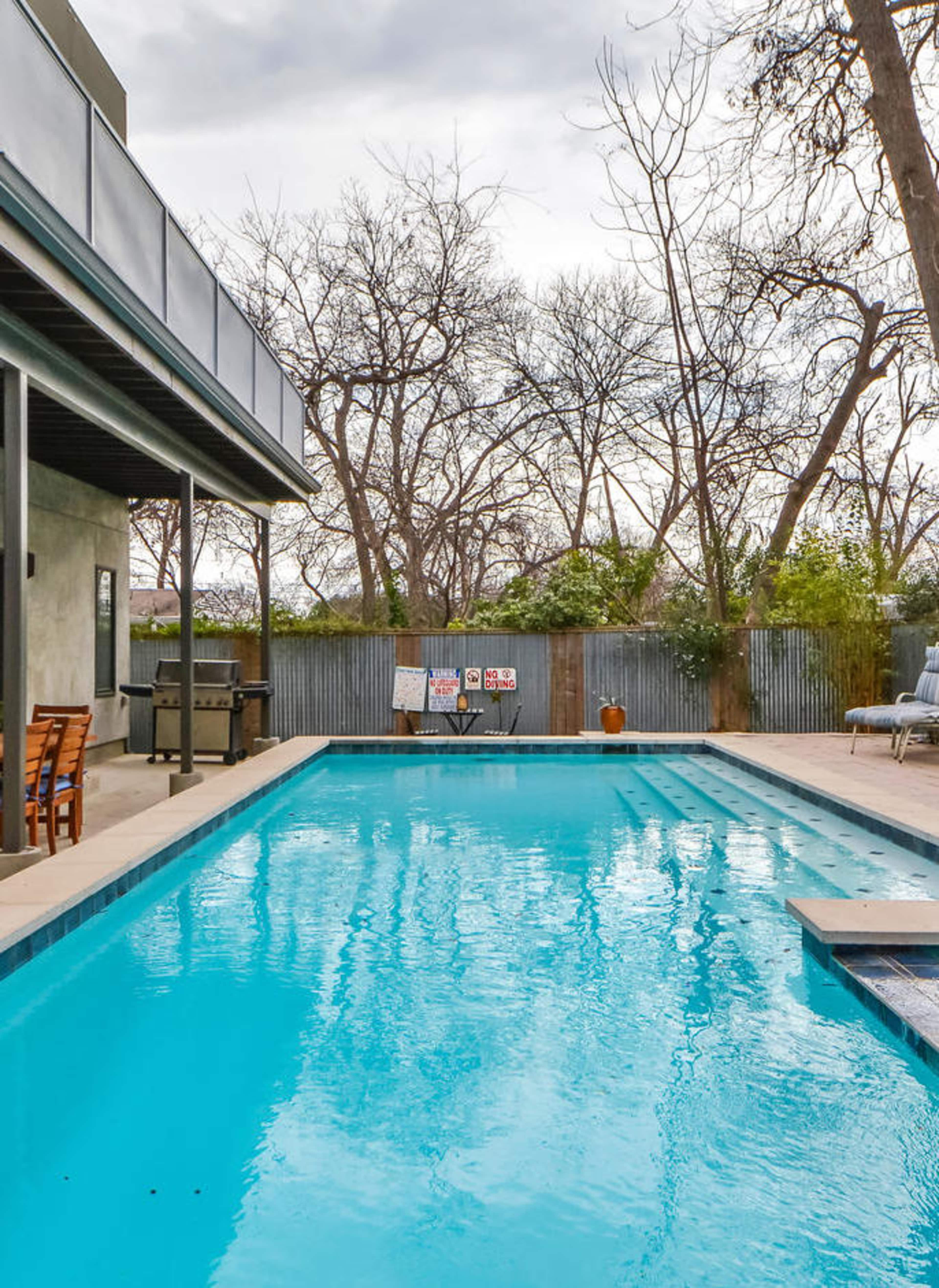 A rectangular swimming pool surrounded by a concrete patio, with a backdrop of bare trees and a corrugated metal fence.