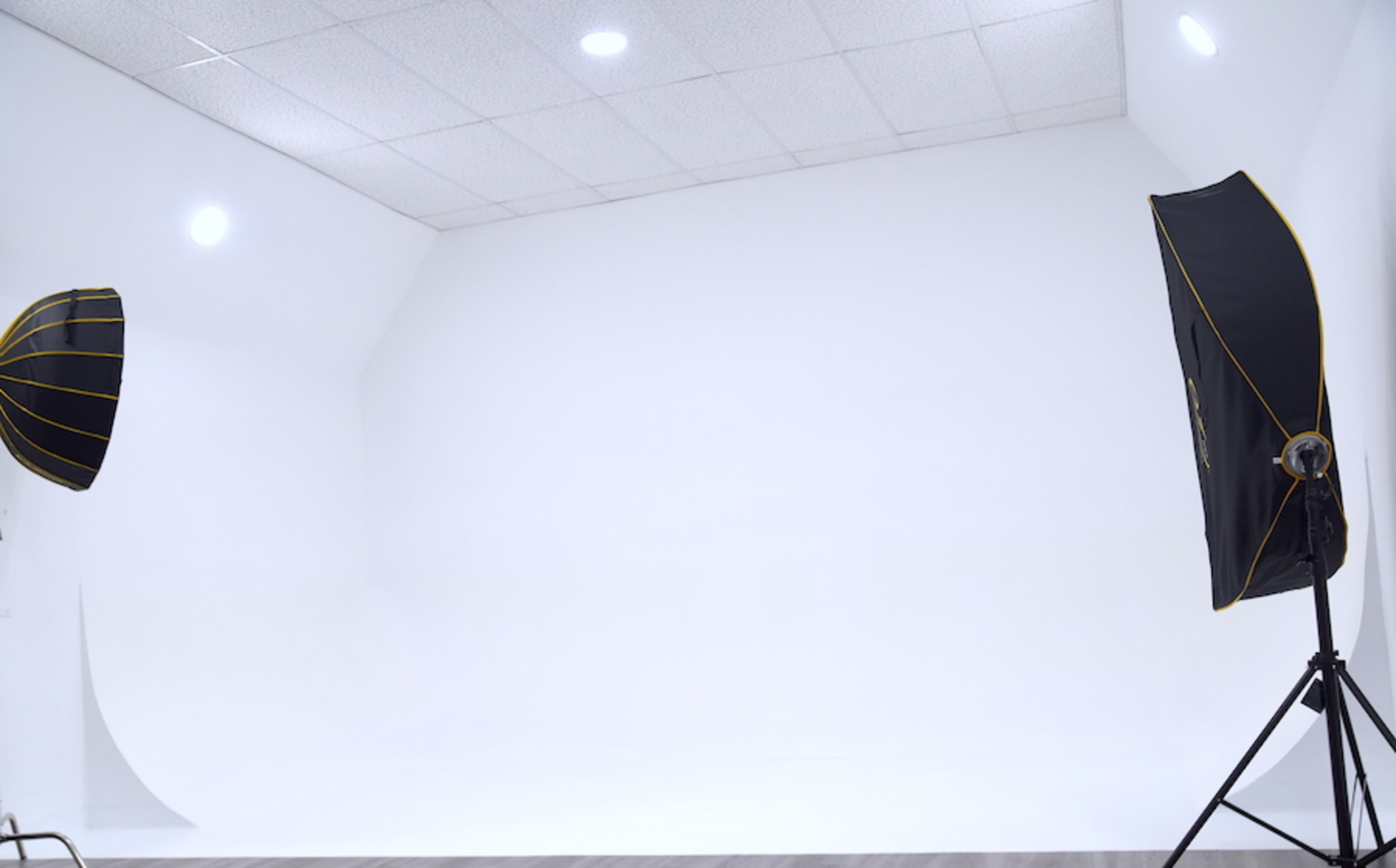 A photography studio features a seamless white backdrop with two softbox lights positioned on either side.
