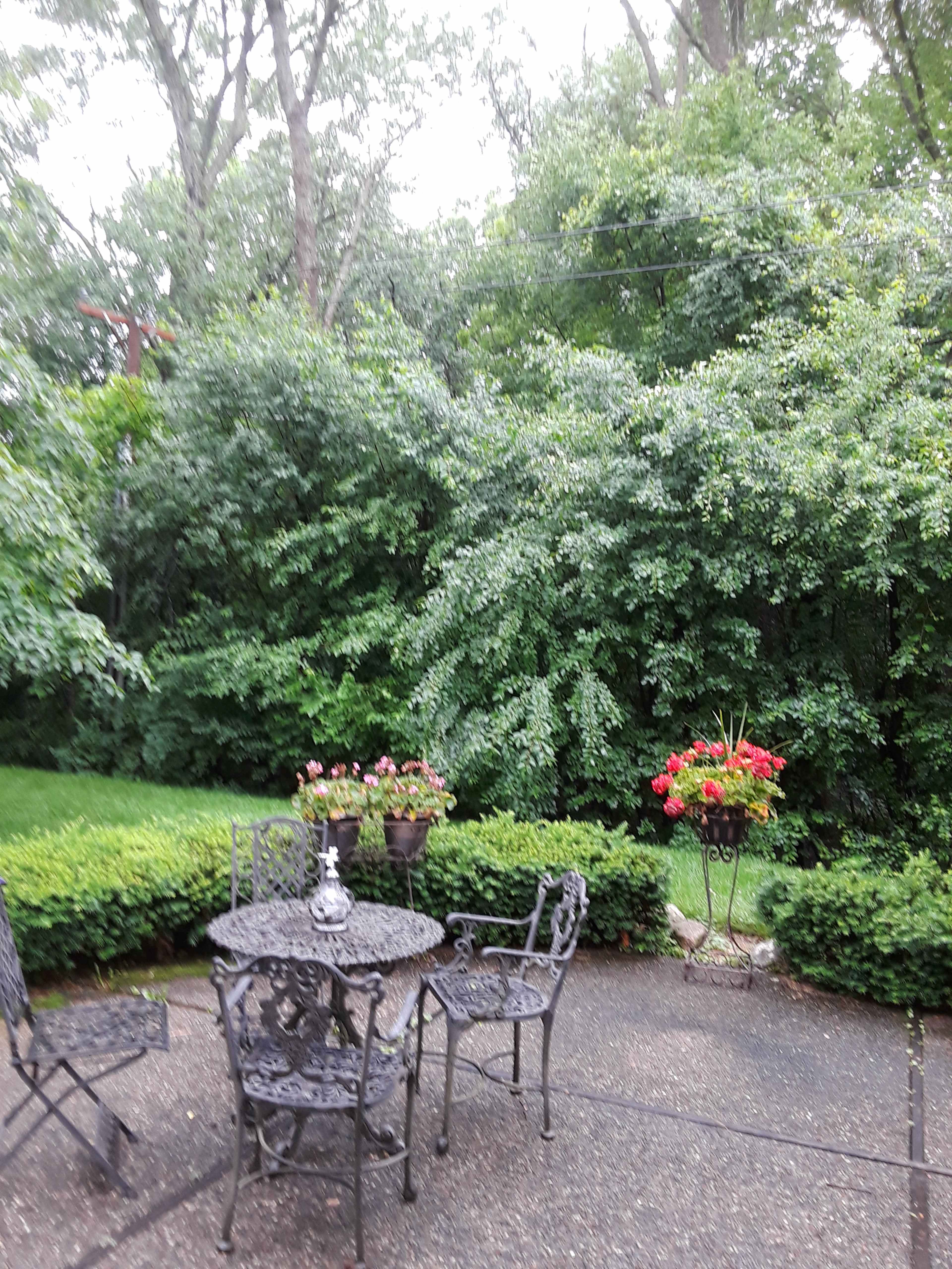 A wrought iron table and chairs are positioned on a stone patio surrounded by lush green foliage and potted flowers.
