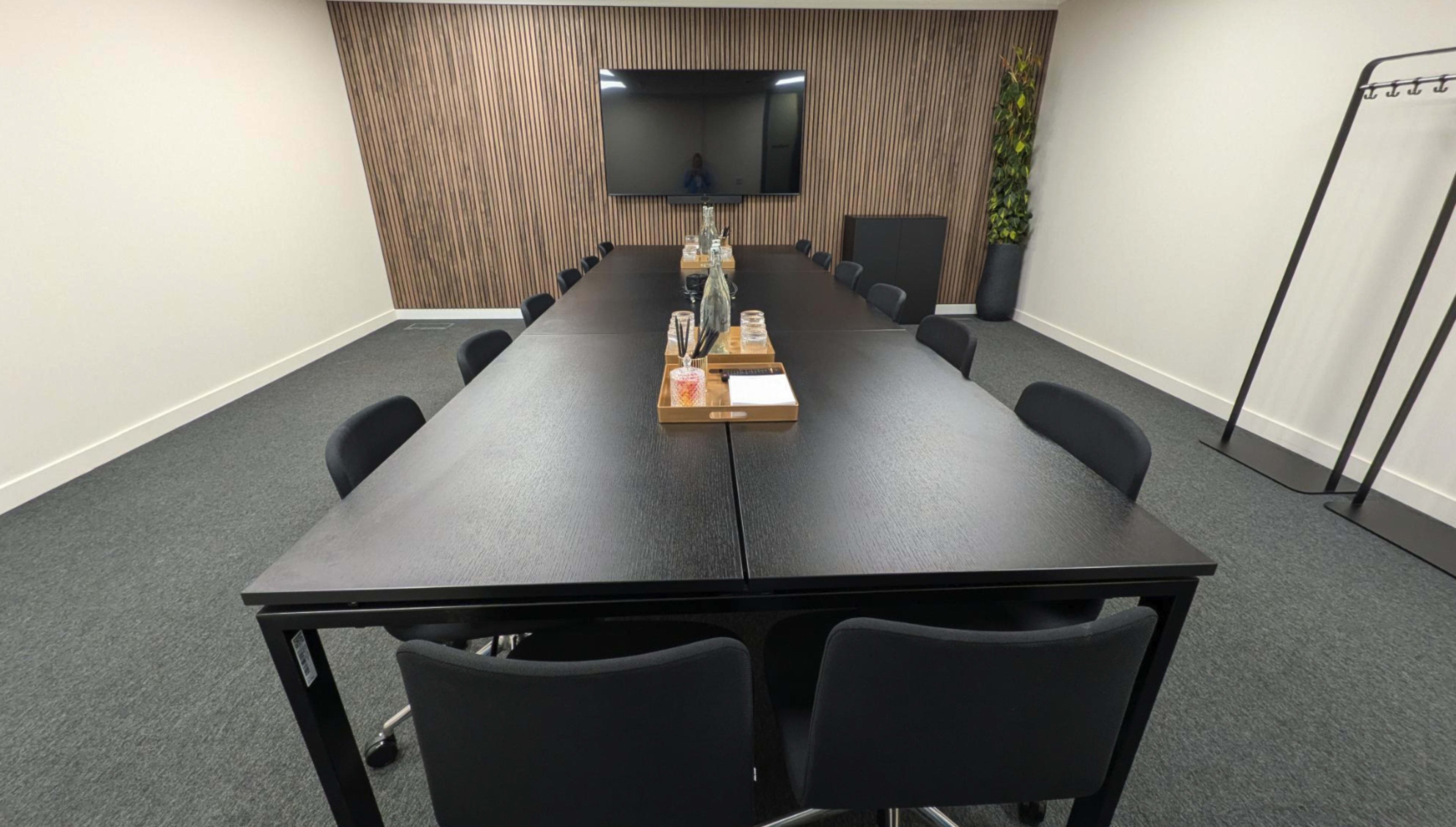 A large meeting room features a long black table surrounded by black chairs, with a television screen mounted on the wall and a decorative plant in the corner.