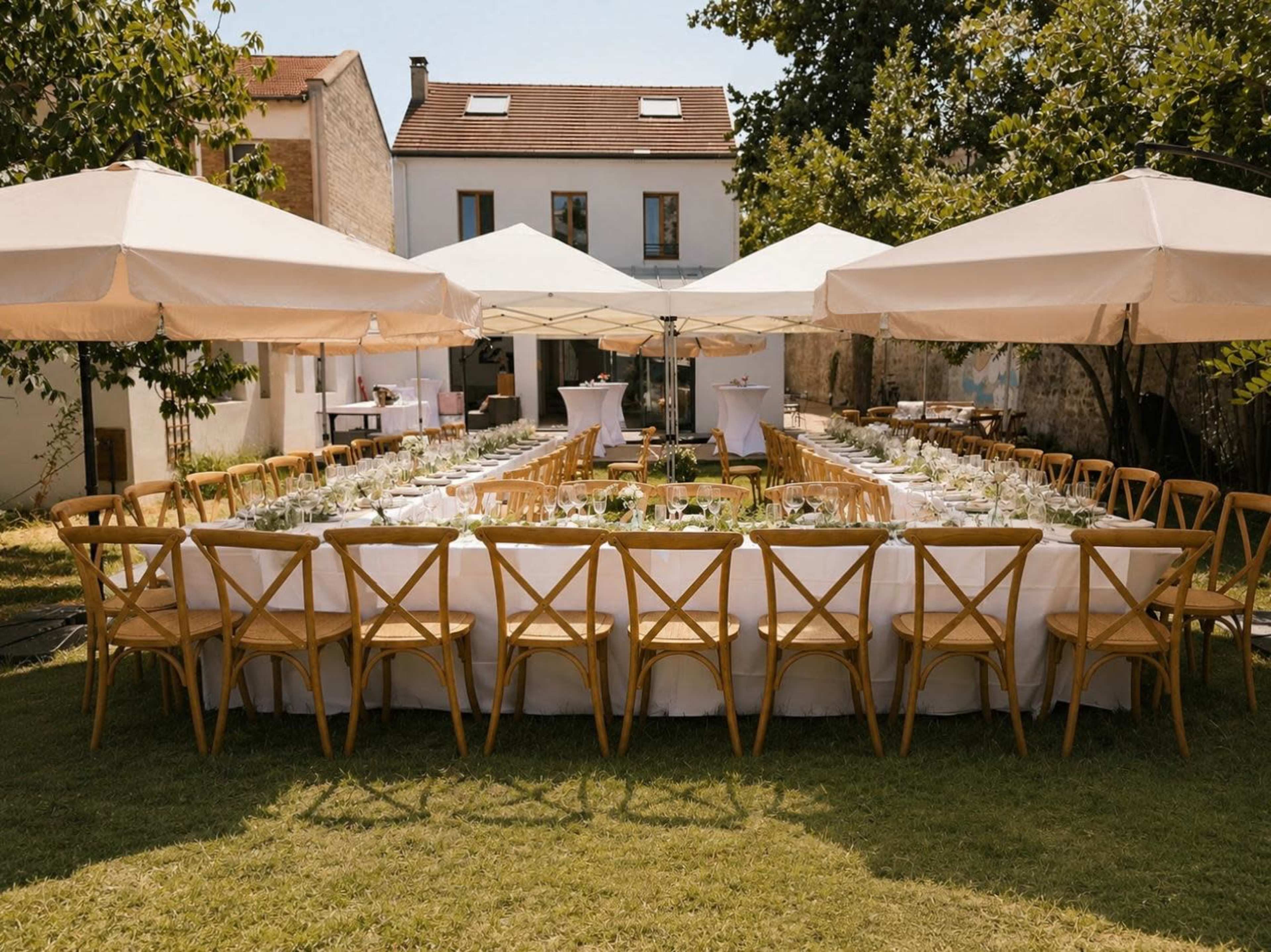 A long, rectangular dining table is set outdoors under white canopies, surrounded by wooden chairs and decorated with greenery, in a sunny garden setting.