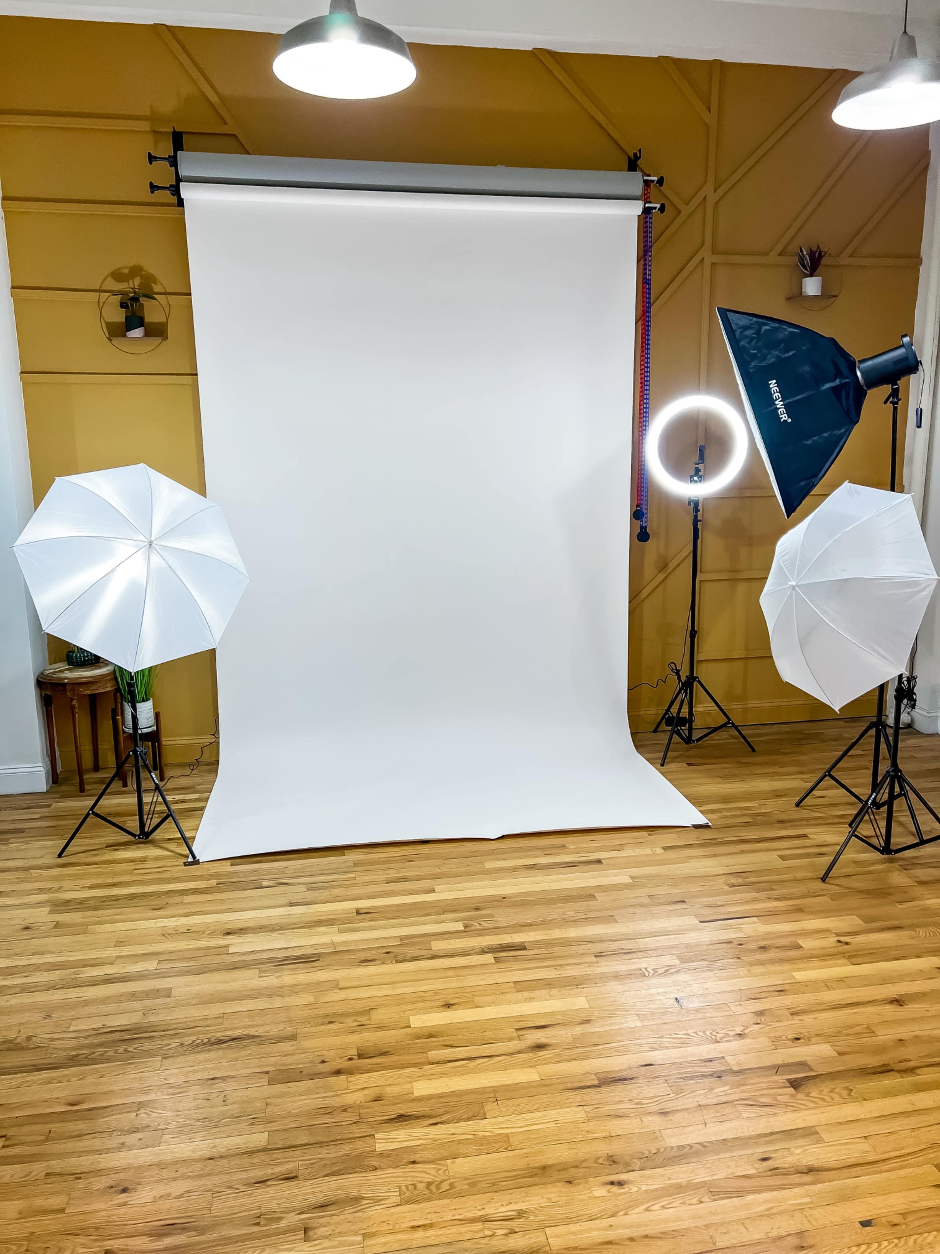 A photography studio setup with a white backdrop, three lighting fixtures, and wooden flooring.