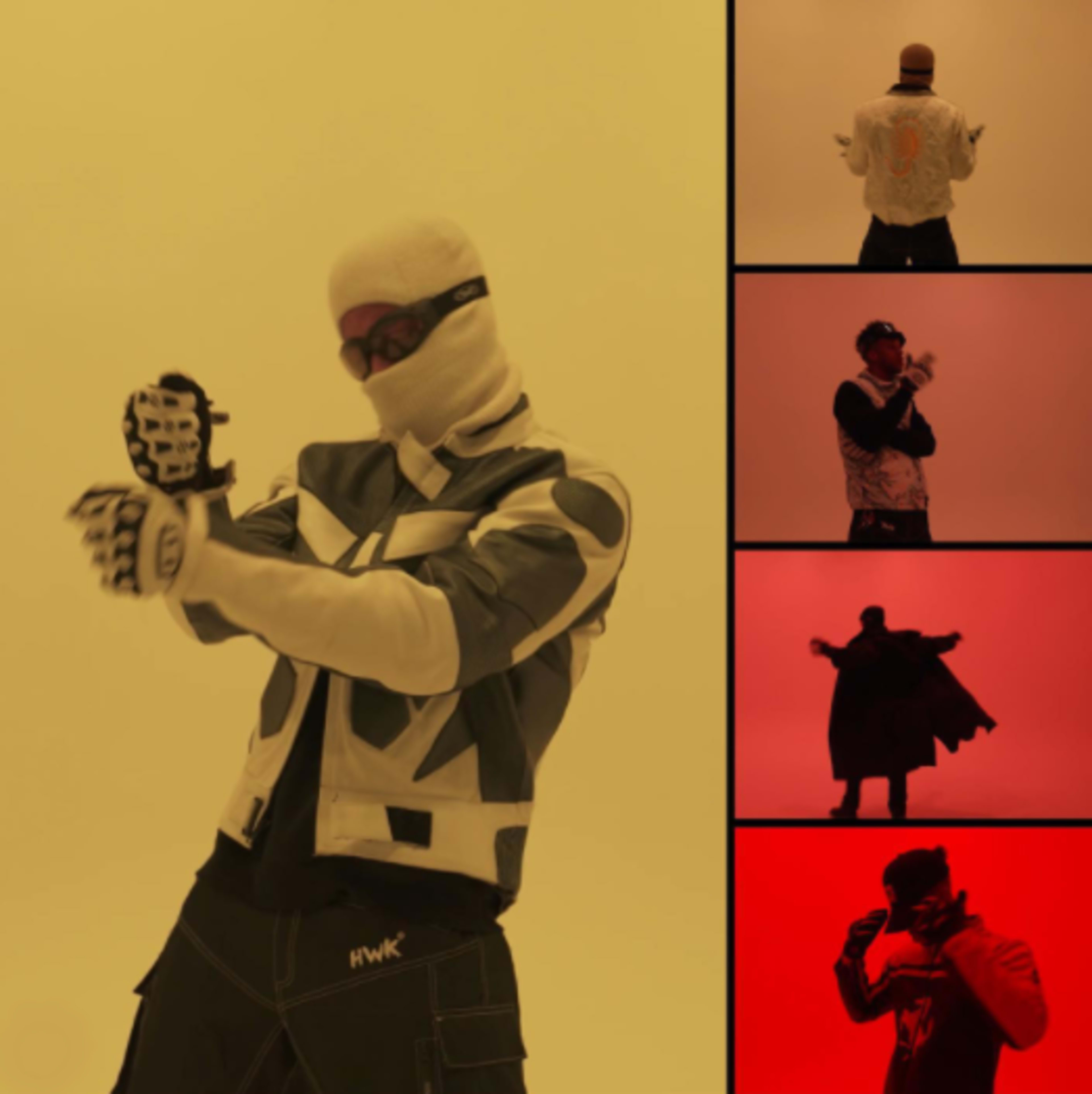 A figure dressed in a stylish outfit poses against a yellow background, while smaller images show different poses with varying colored backdrops.