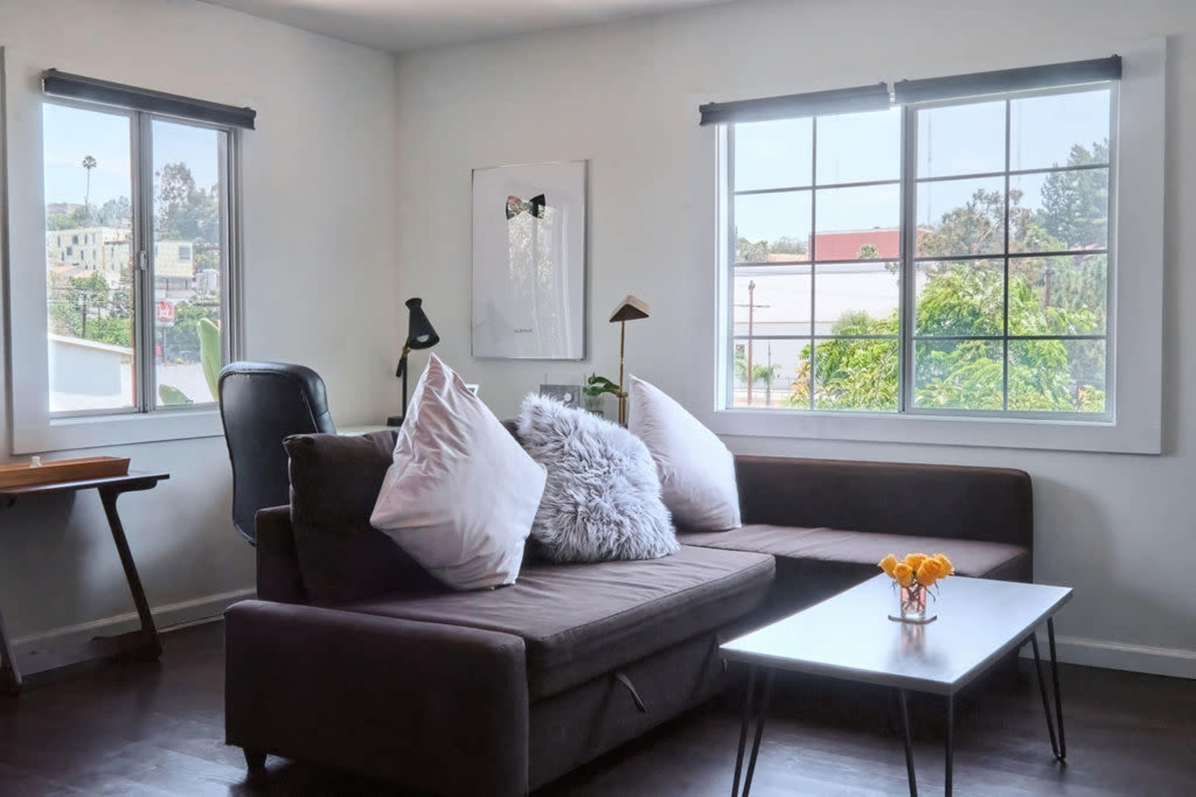 A cozy living room features a dark couch with large pillows, a small coffee table, and two windows that overlook greenery outside.