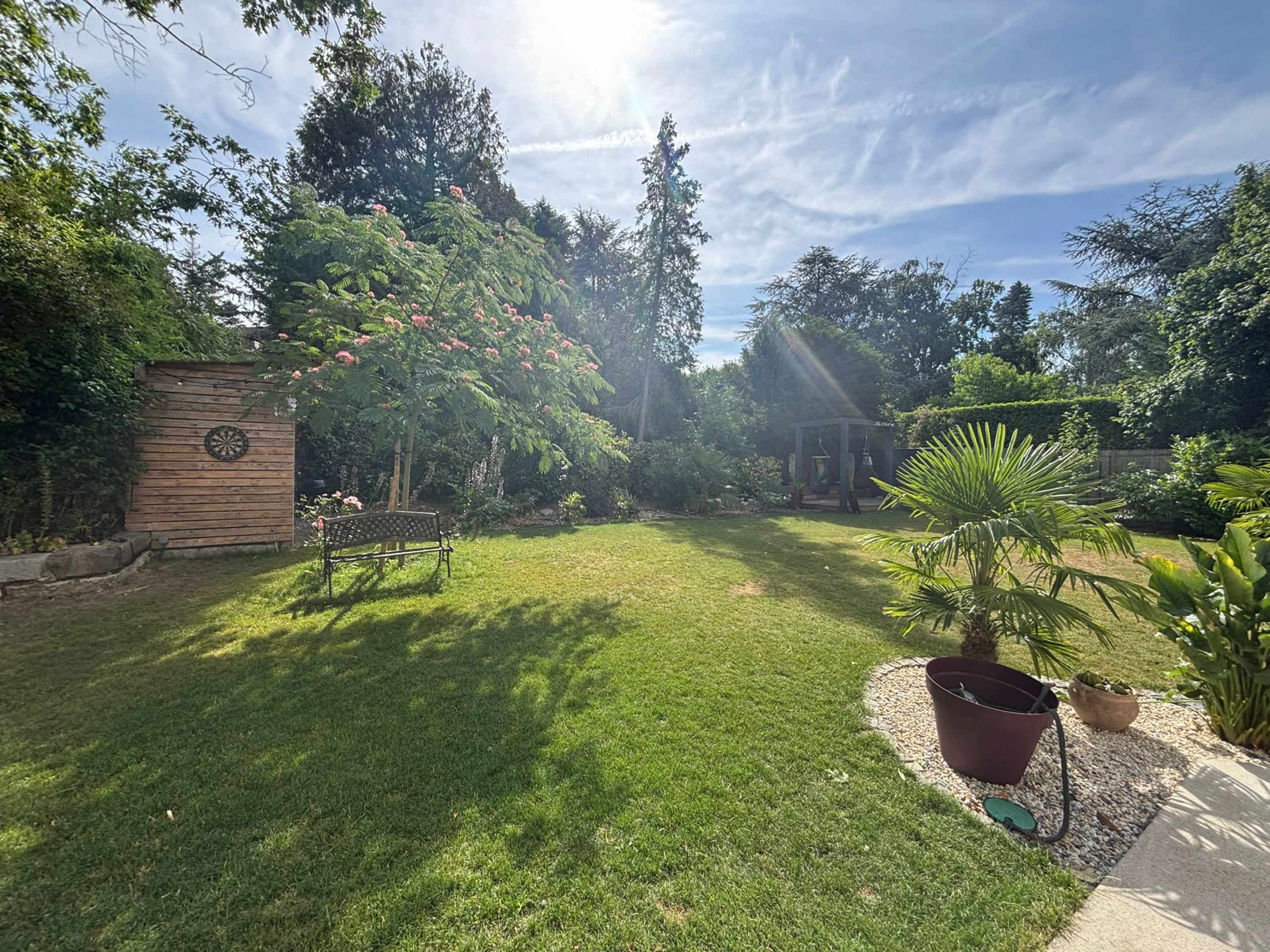 The image shows a landscaped garden featuring a wooden shed, a palm tree, a flowering plant, and a grassy area with a bench and decorative stones.