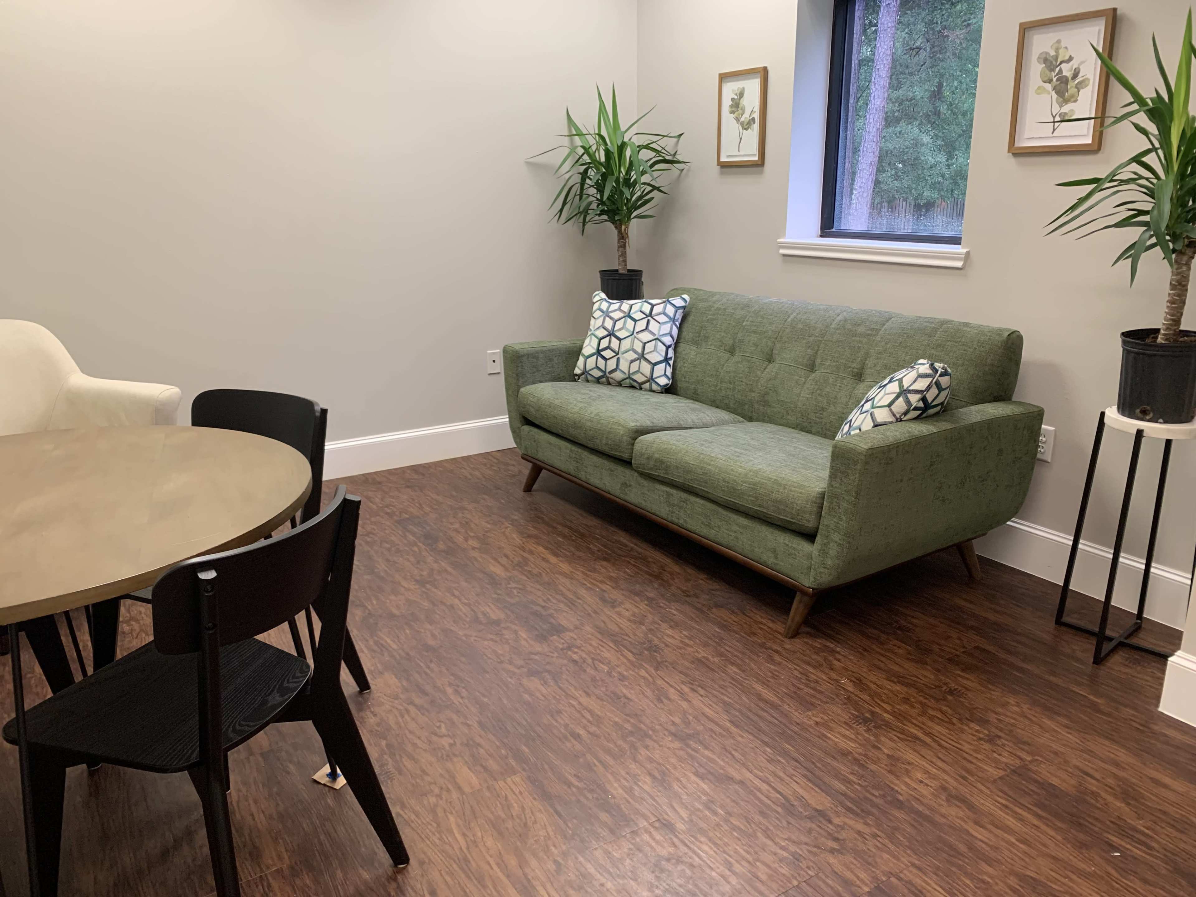 The image shows a small room with a green sofa, a round dining table with black chairs, and potted plants near the windows.