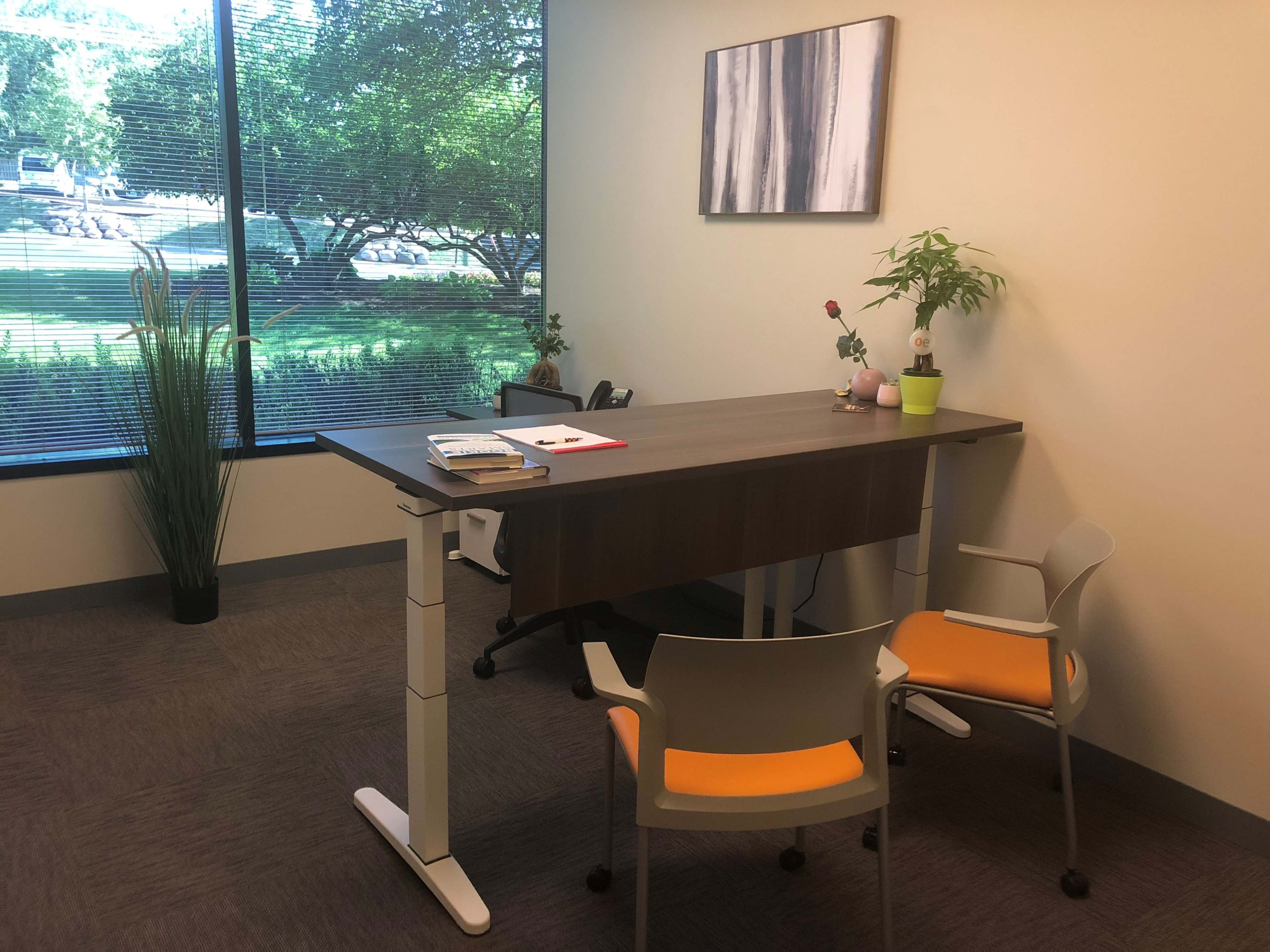 A modern office space featuring a standing desk, two chairs, a small plant, and a window with a view of greenery outside.