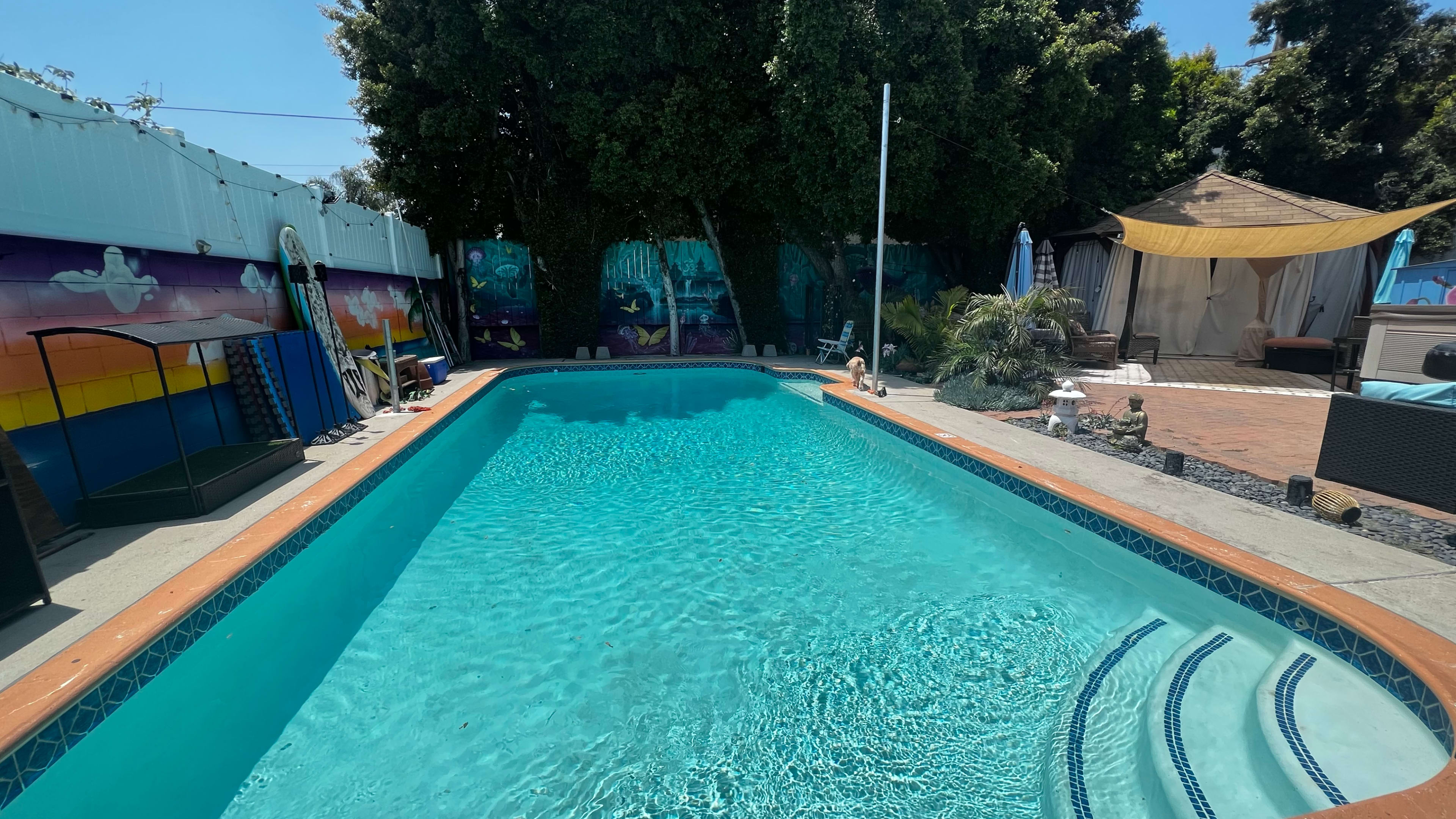 The image shows a clear swimming pool surrounded by landscaped areas, including a muraled wall and lounge furniture.