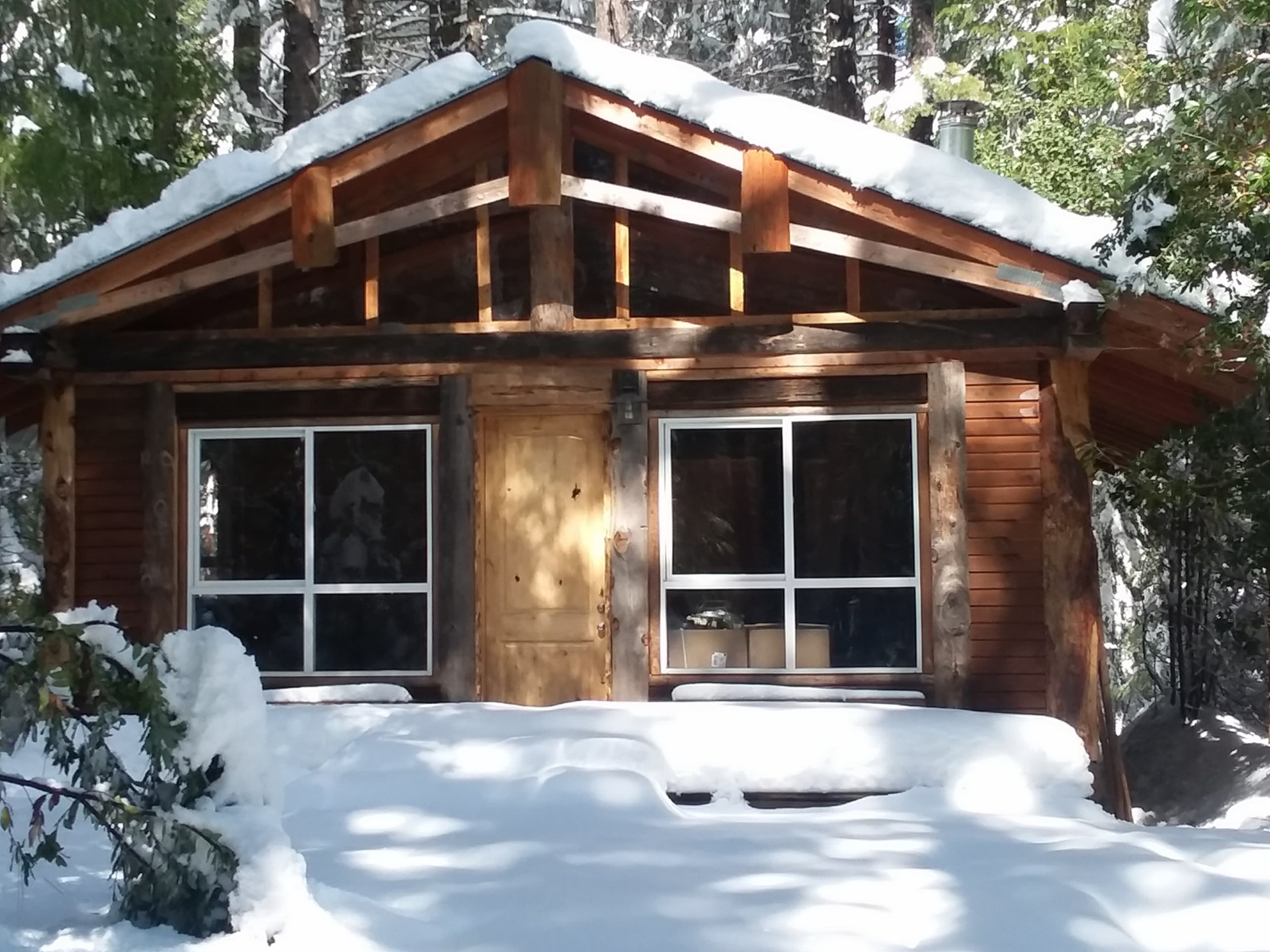 A wooden cabin with a sloped roof is surrounded by a blanket of snow and tall trees.