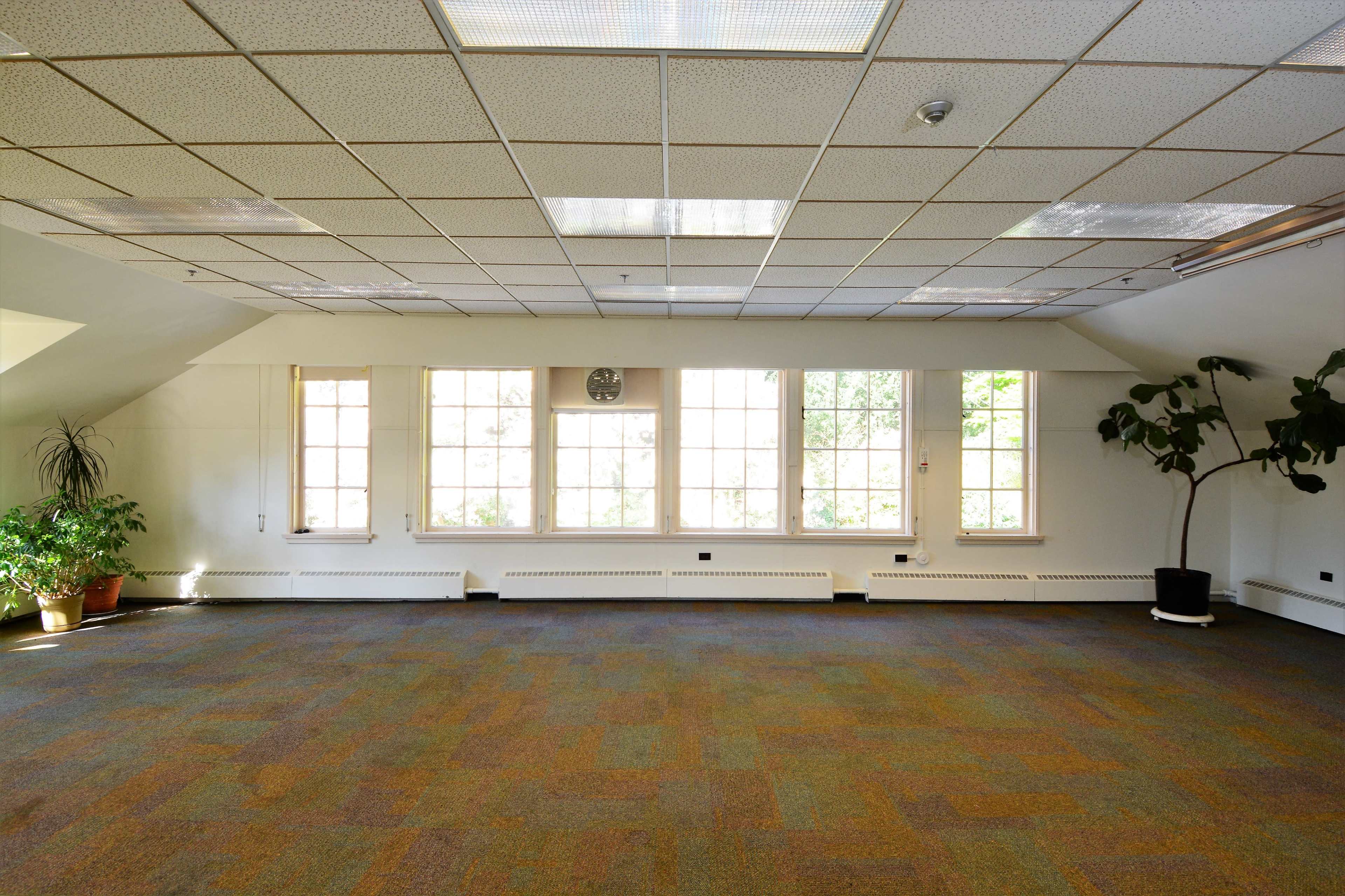 An empty room with large windows, a carpeted floor in muted colors, and two potted plants in the corners.