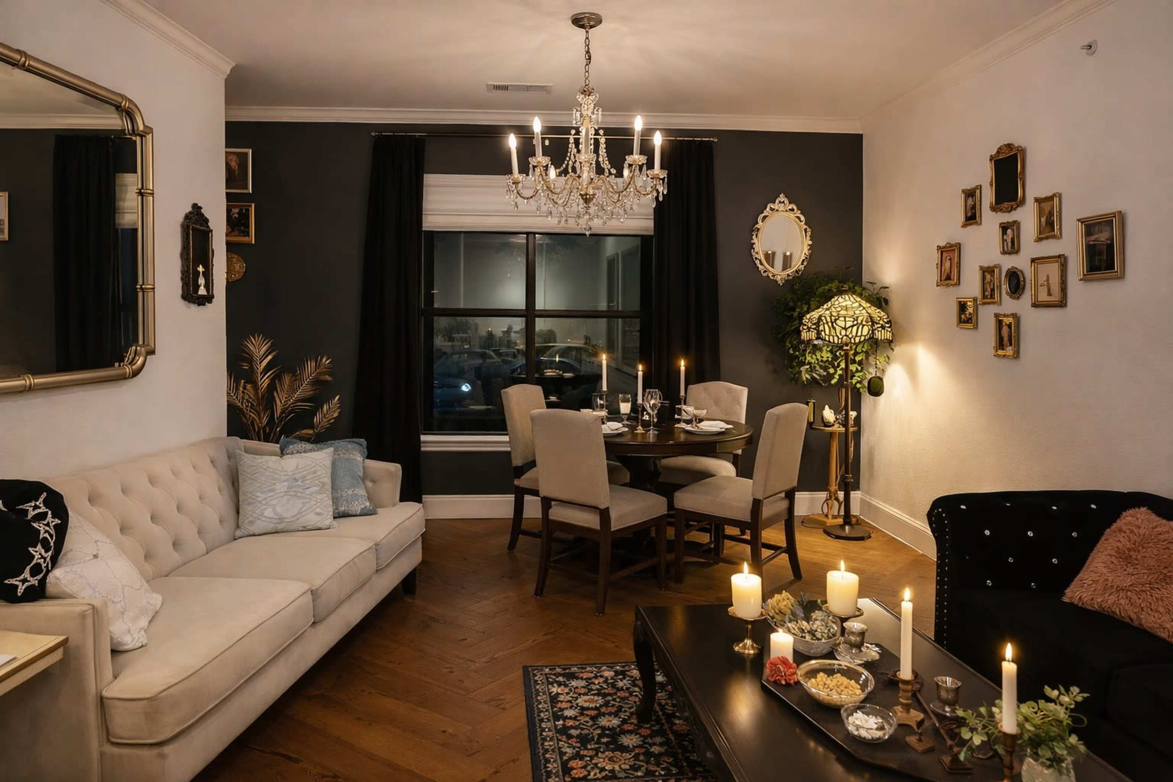 The image shows a cozy living room with a chandelier, a beige sofa, a dining table set for four, and candles on a dark coffee table, surrounded by framed pictures on the walls.
